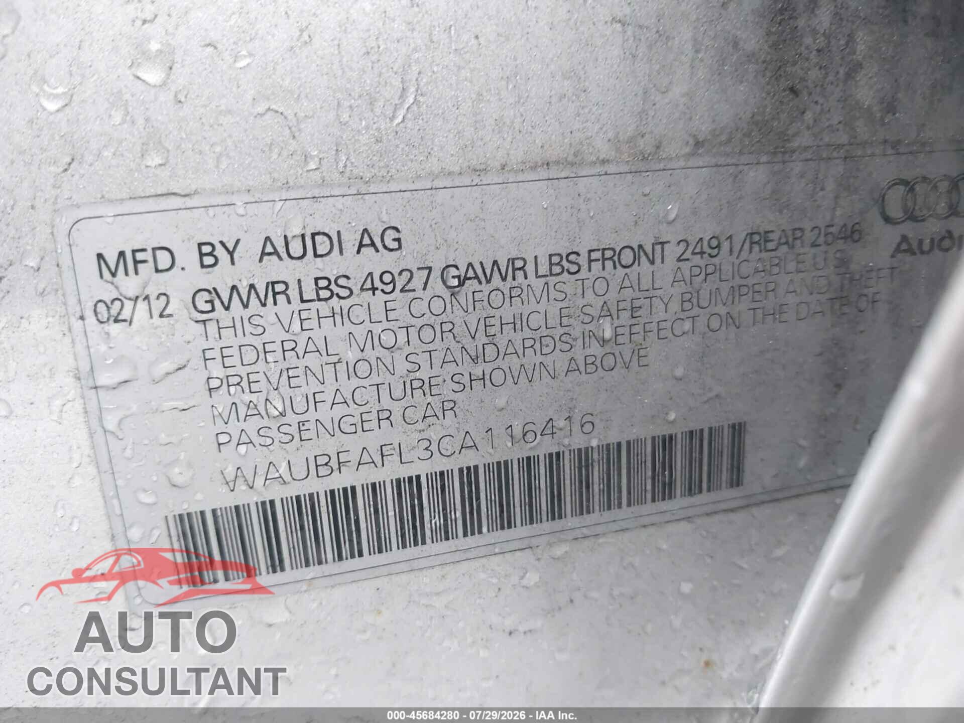 AUDI A4 2012 - WAUBFAFL3CA116416