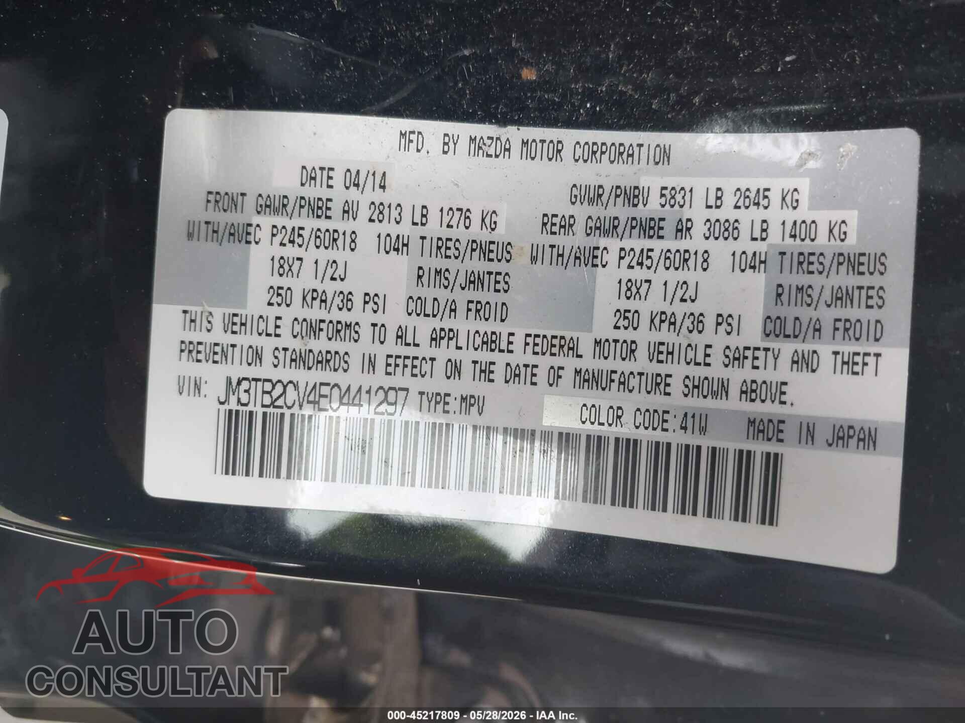MAZDA CX-9 2014 - JM3TB2CV4E0441297