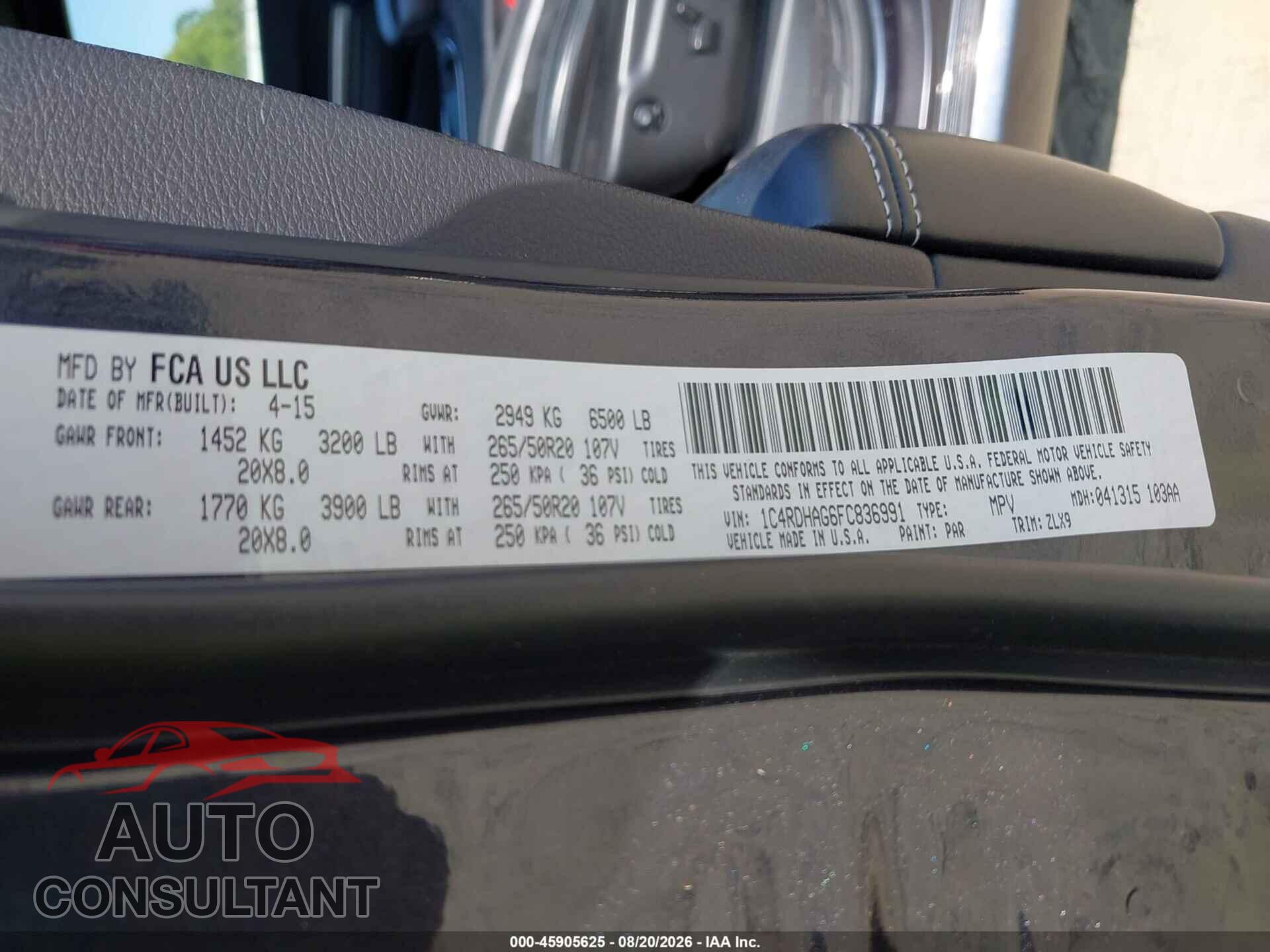 DODGE DURANGO 2015 - 1C4RDHAG6FC836991
