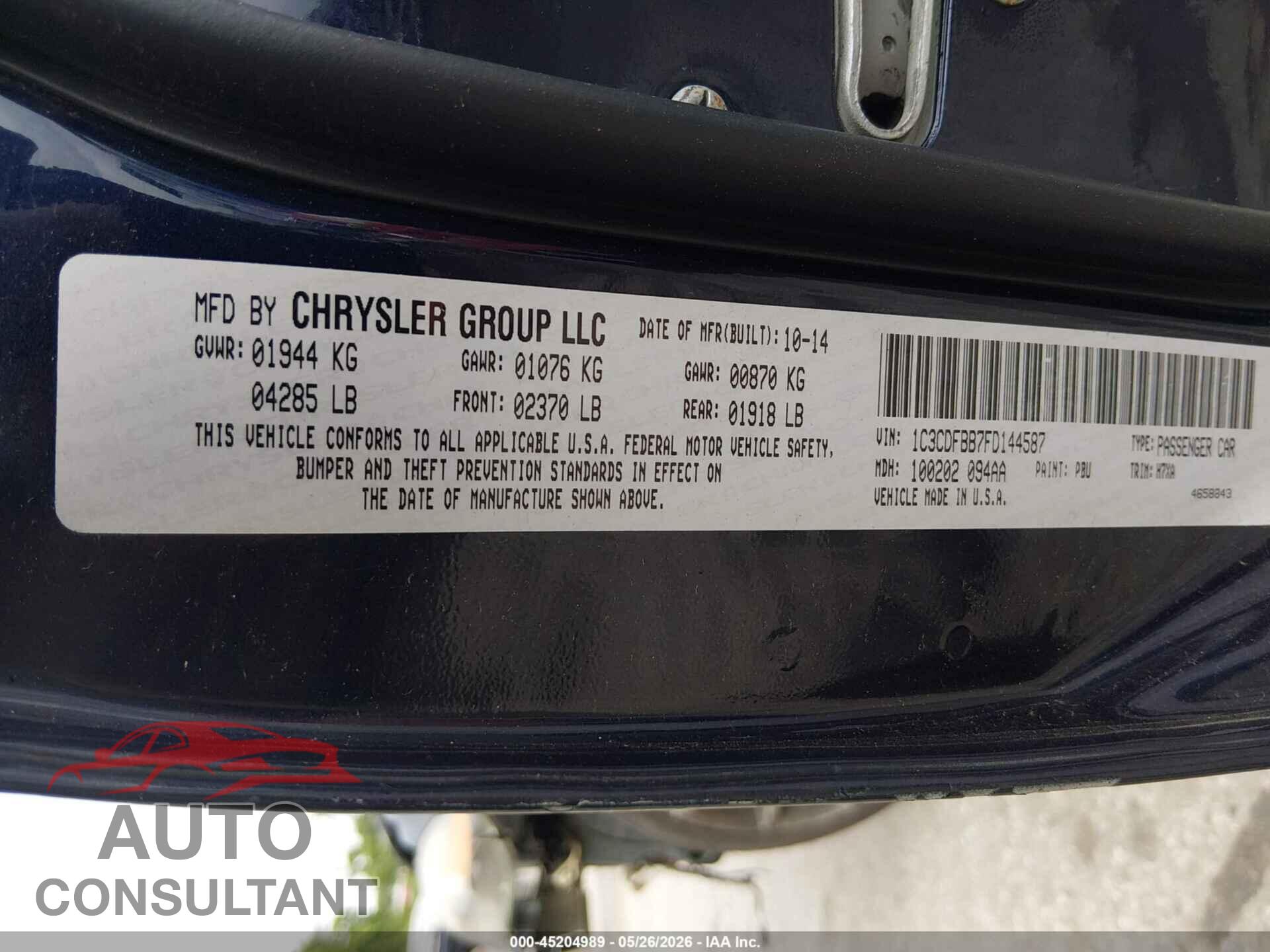 DODGE DART 2015 - 1C3CDFBB7FD144587