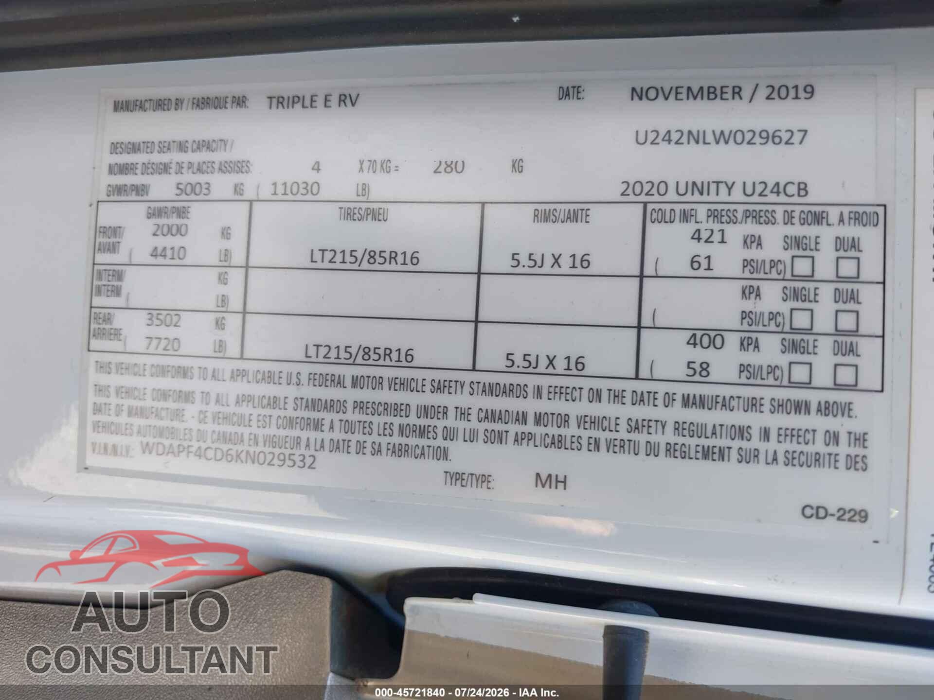 MERCEDES-BENZ SPRINTER 4500 2019 - WDAPF4CD6KN029532