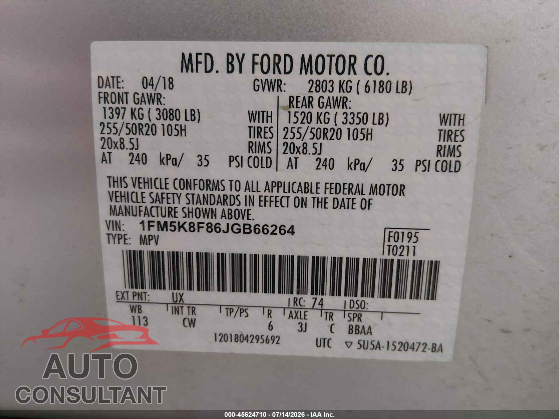 FORD EXPLORER 2018 - 1FM5K8F86JGB66264