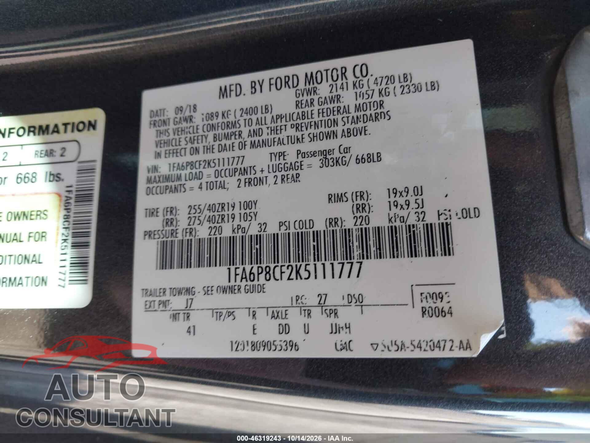 FORD MUSTANG 2019 - 1FA6P8CF2K5111777