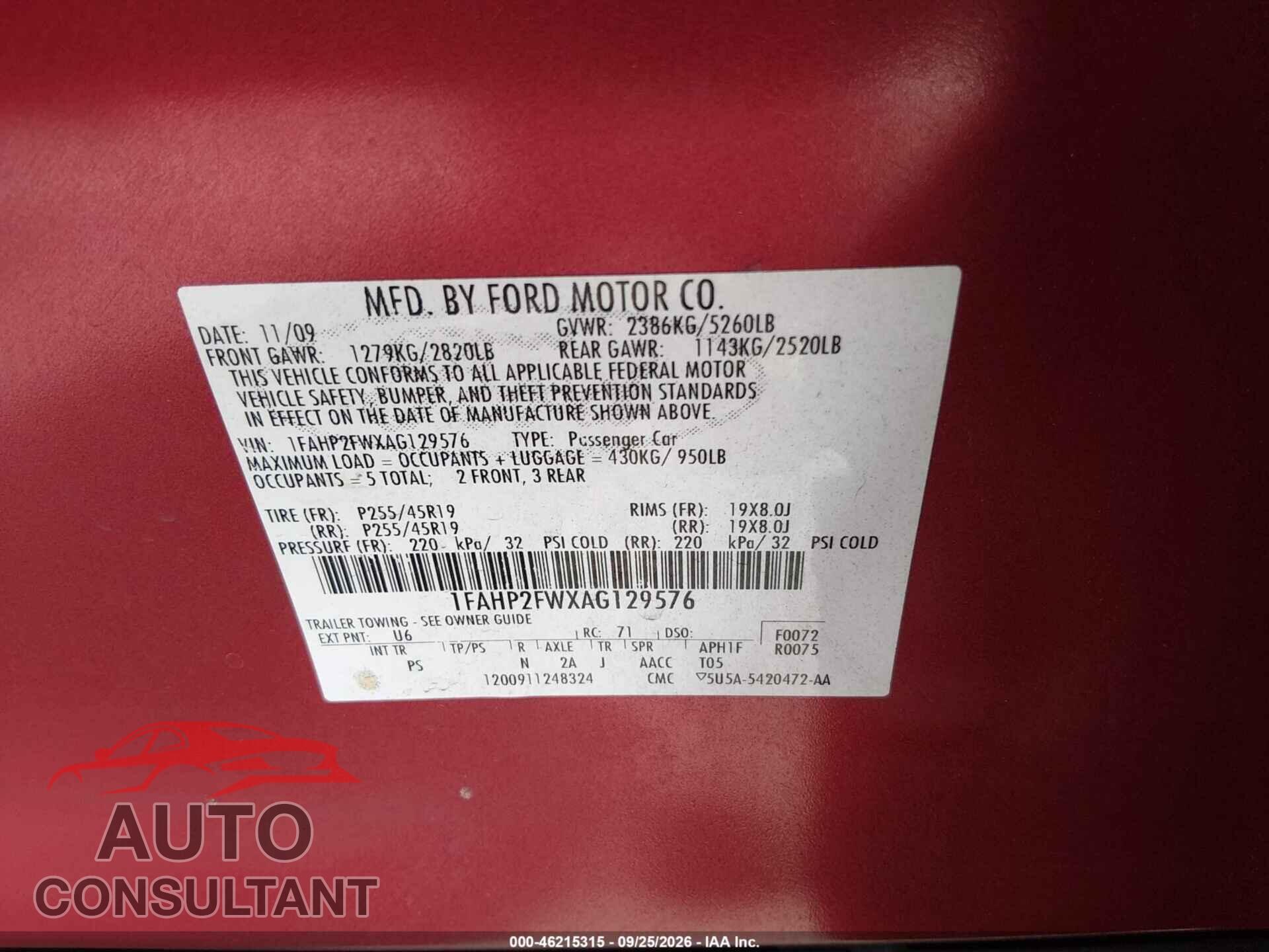 FORD TAURUS 2010 - 1FAHP2FWXAG129576