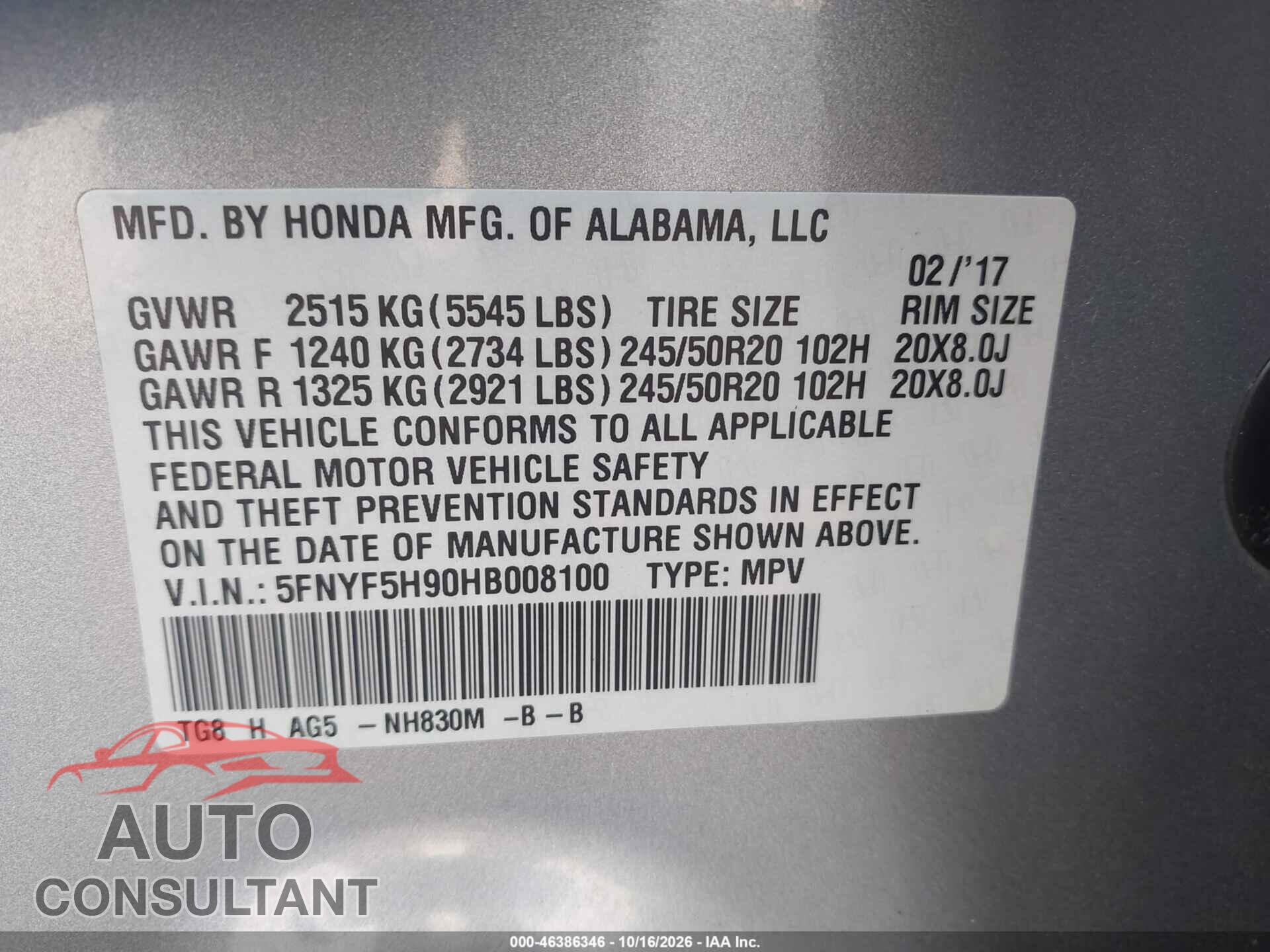 HONDA PILOT 2017 - 5FNYF5H90HB008100