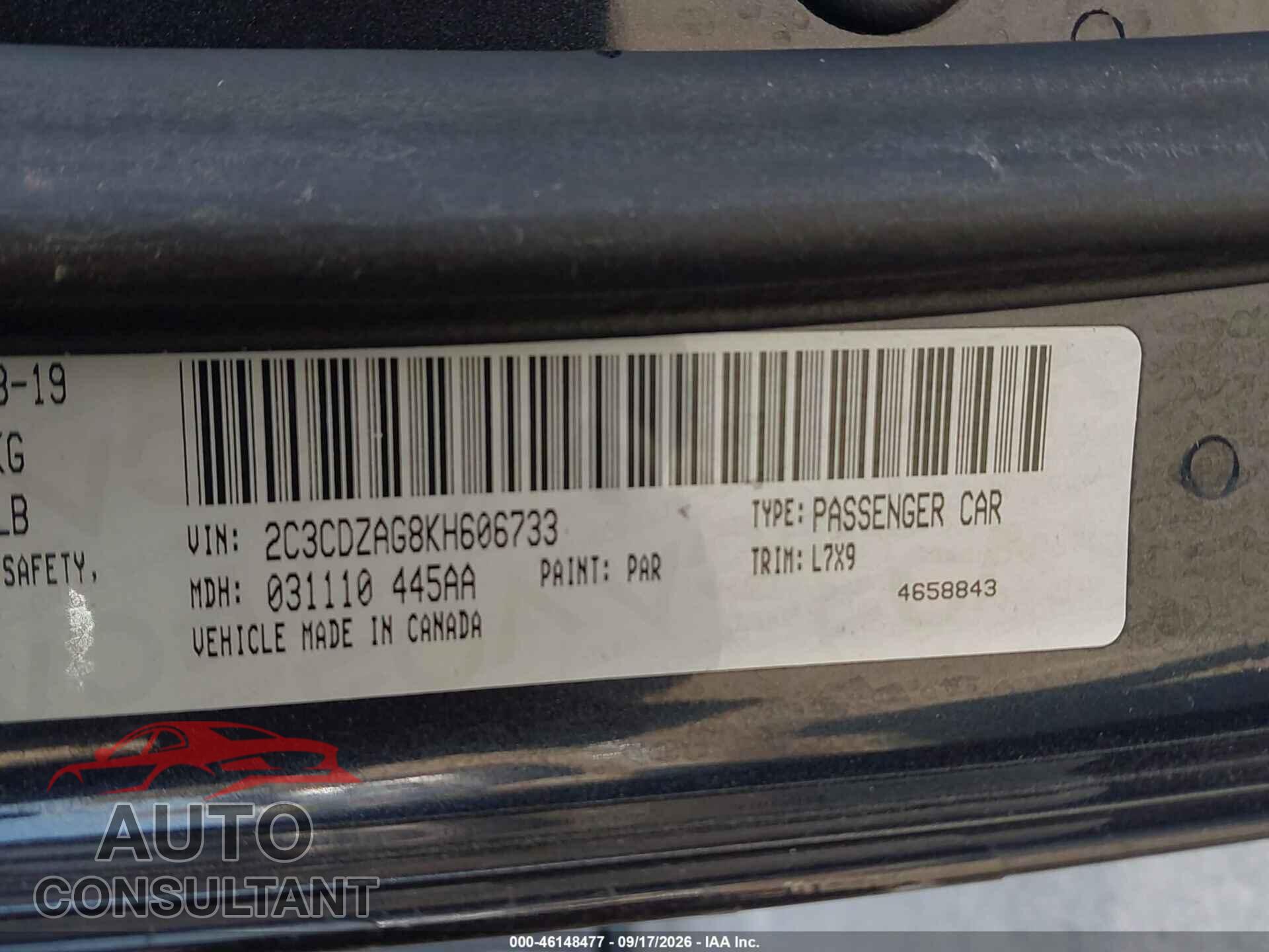 DODGE CHALLENGER 2019 - 2C3CDZAG8KH606733