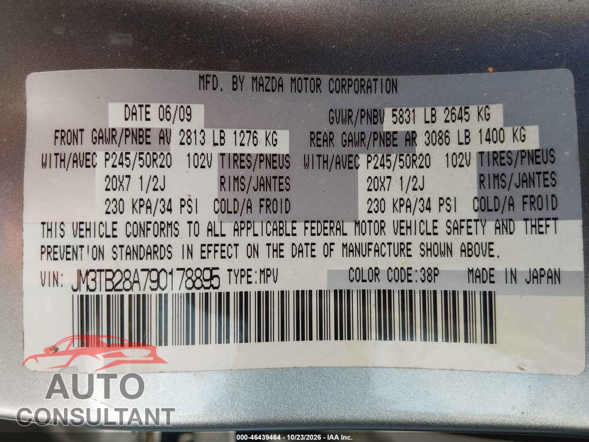 MAZDA CX-9 2009 - JM3TB28A790178895