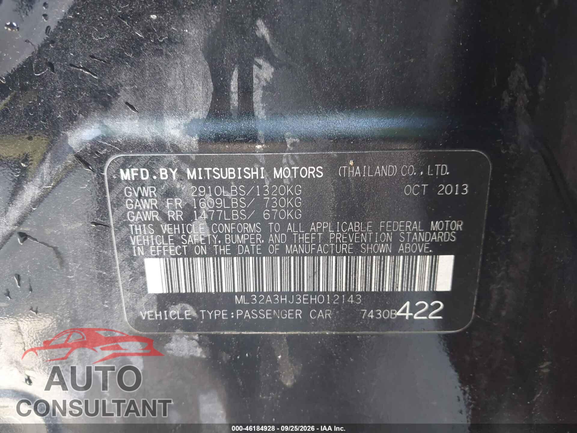 MITSUBISHI MIRAGE 2014 - ML32A3HJ3EH012143