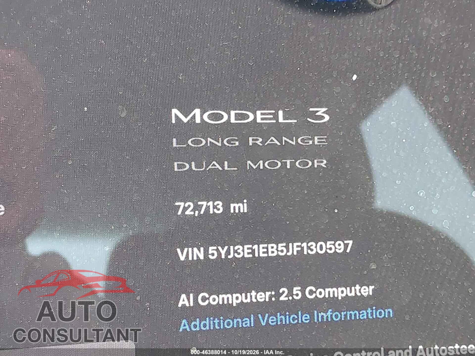 TESLA MODEL 3 2018 - 5YJ3E1EB5JF130597