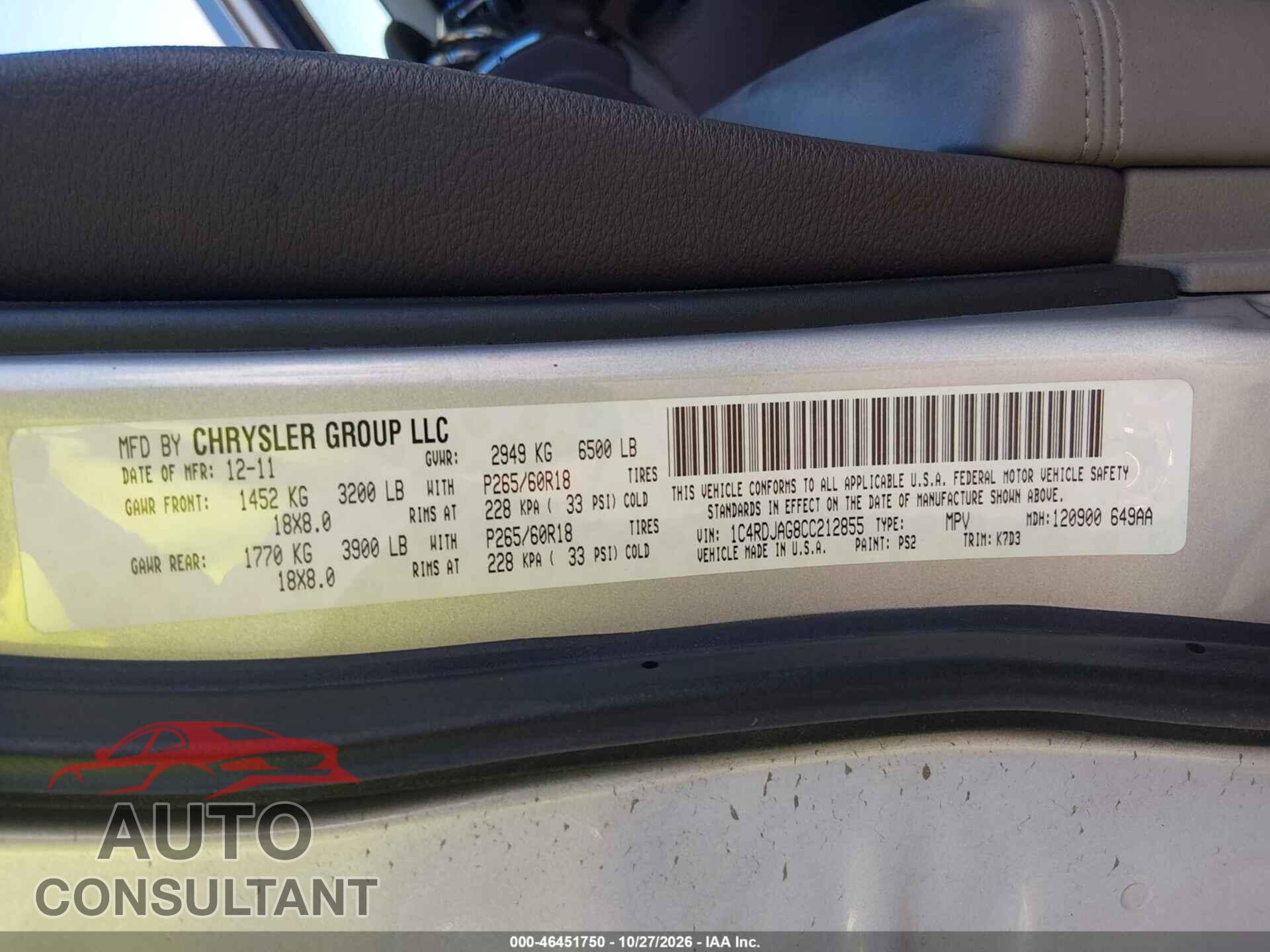 DODGE DURANGO 2012 - 1C4RDJAG8CC212855