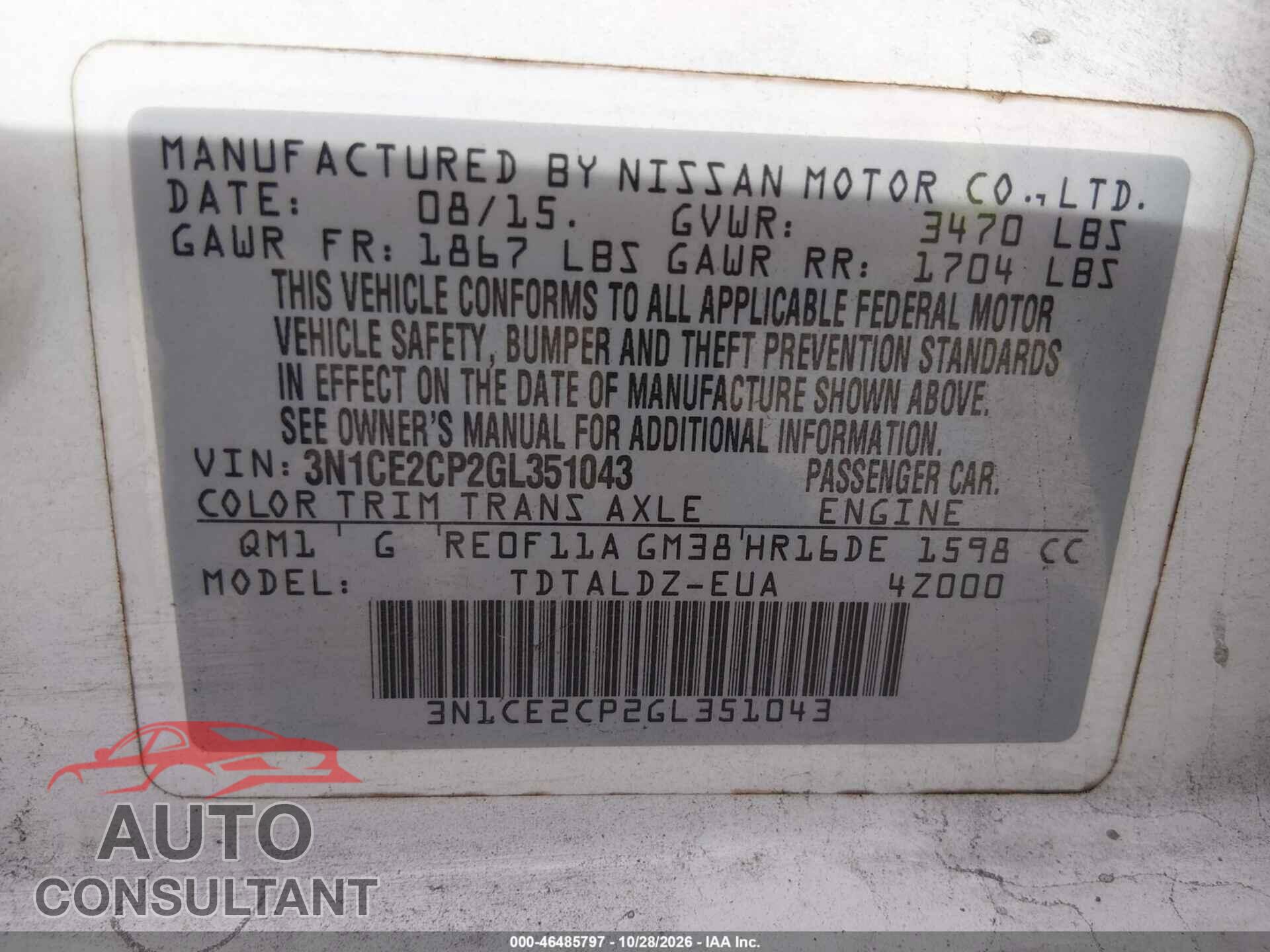 NISSAN VERSA NOTE 2016 - 3N1CE2CP2GL351043