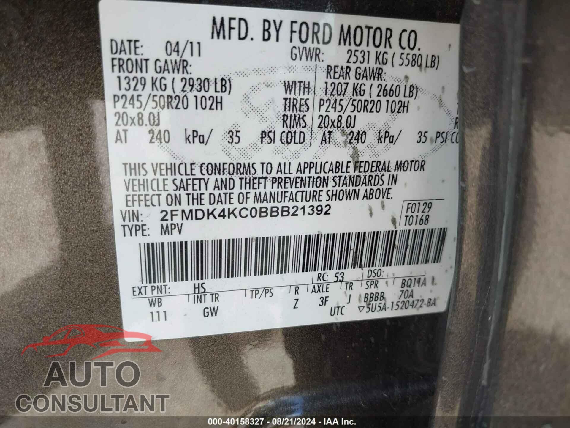 FORD EDGE 2011 - 2FMDK4KC0BBB21392