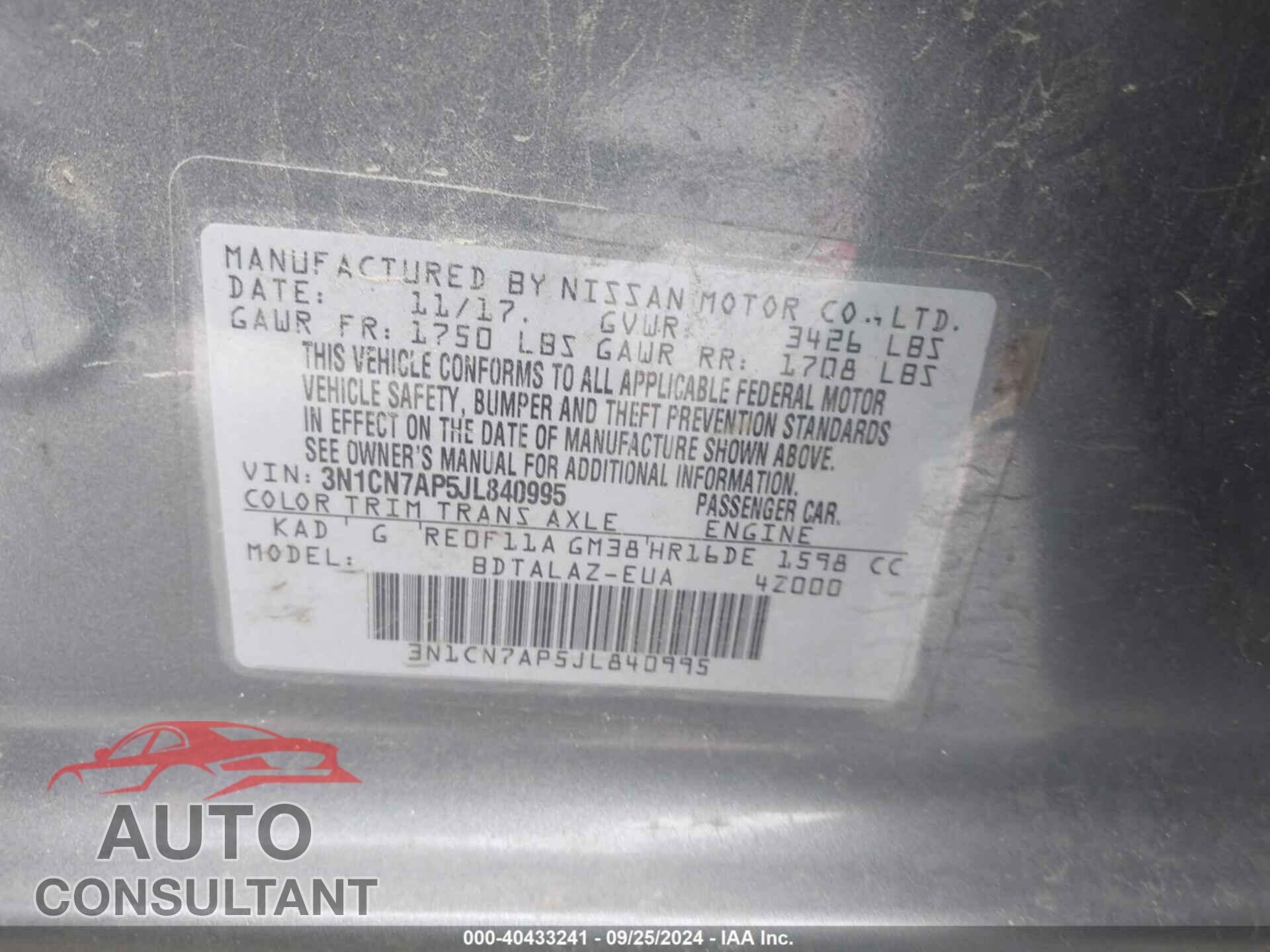 NISSAN VERSA 2018 - 3N1CN7AP5JL840995
