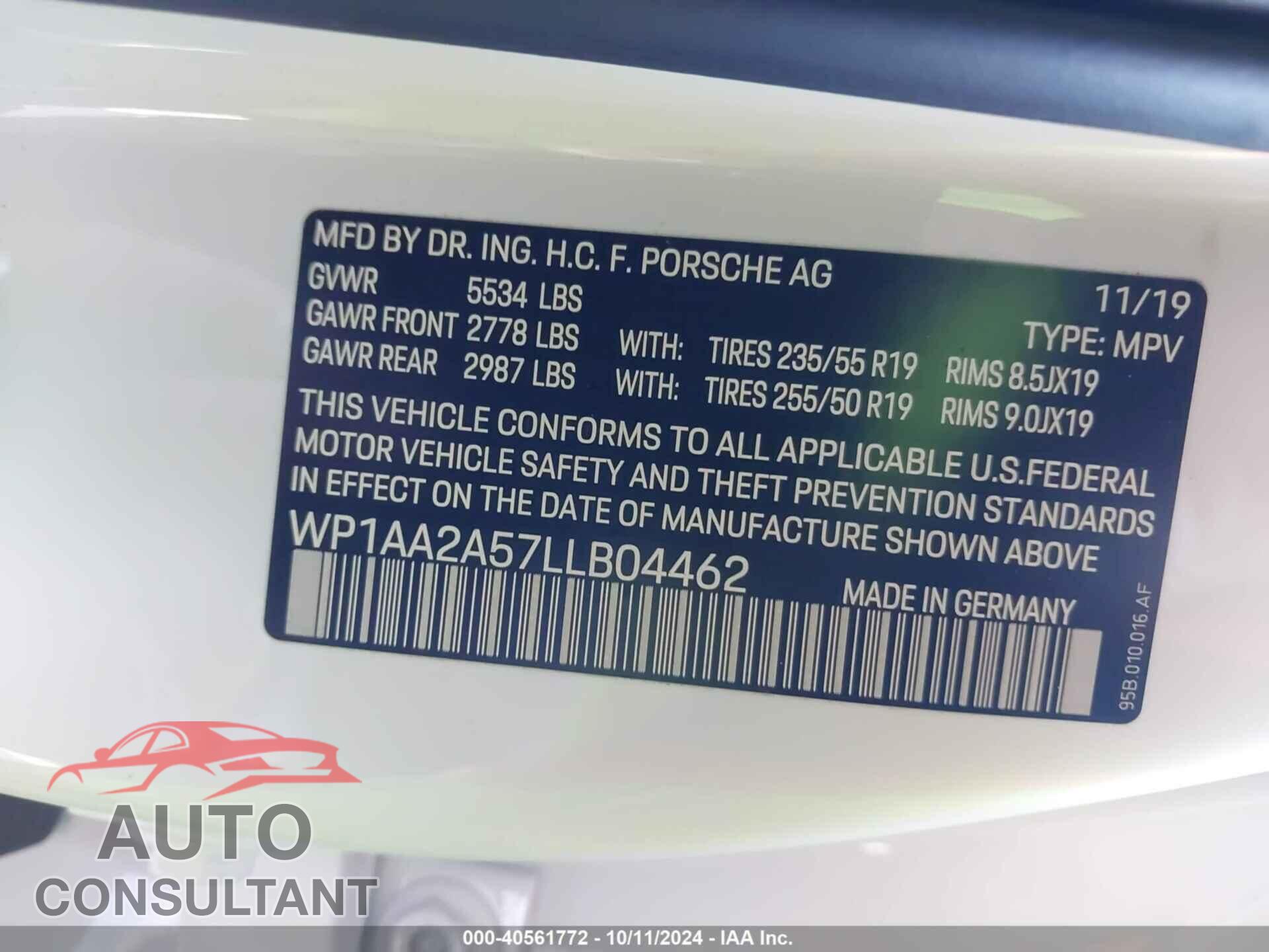 PORSCHE MACAN 2020 - WP1AA2A57LLB04462