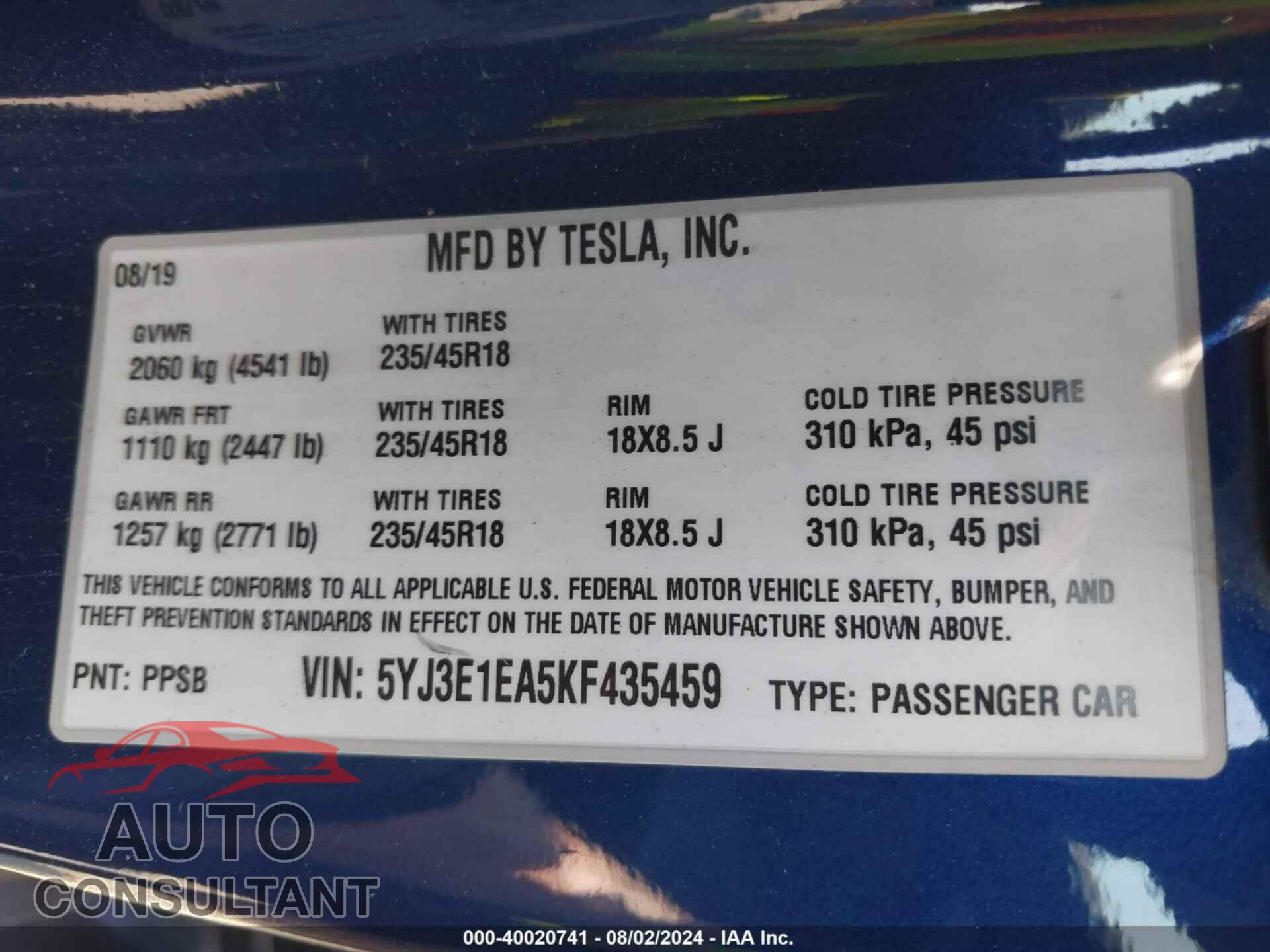 TESLA MODEL 3 2019 - 5YJ3E1EA5KF435459