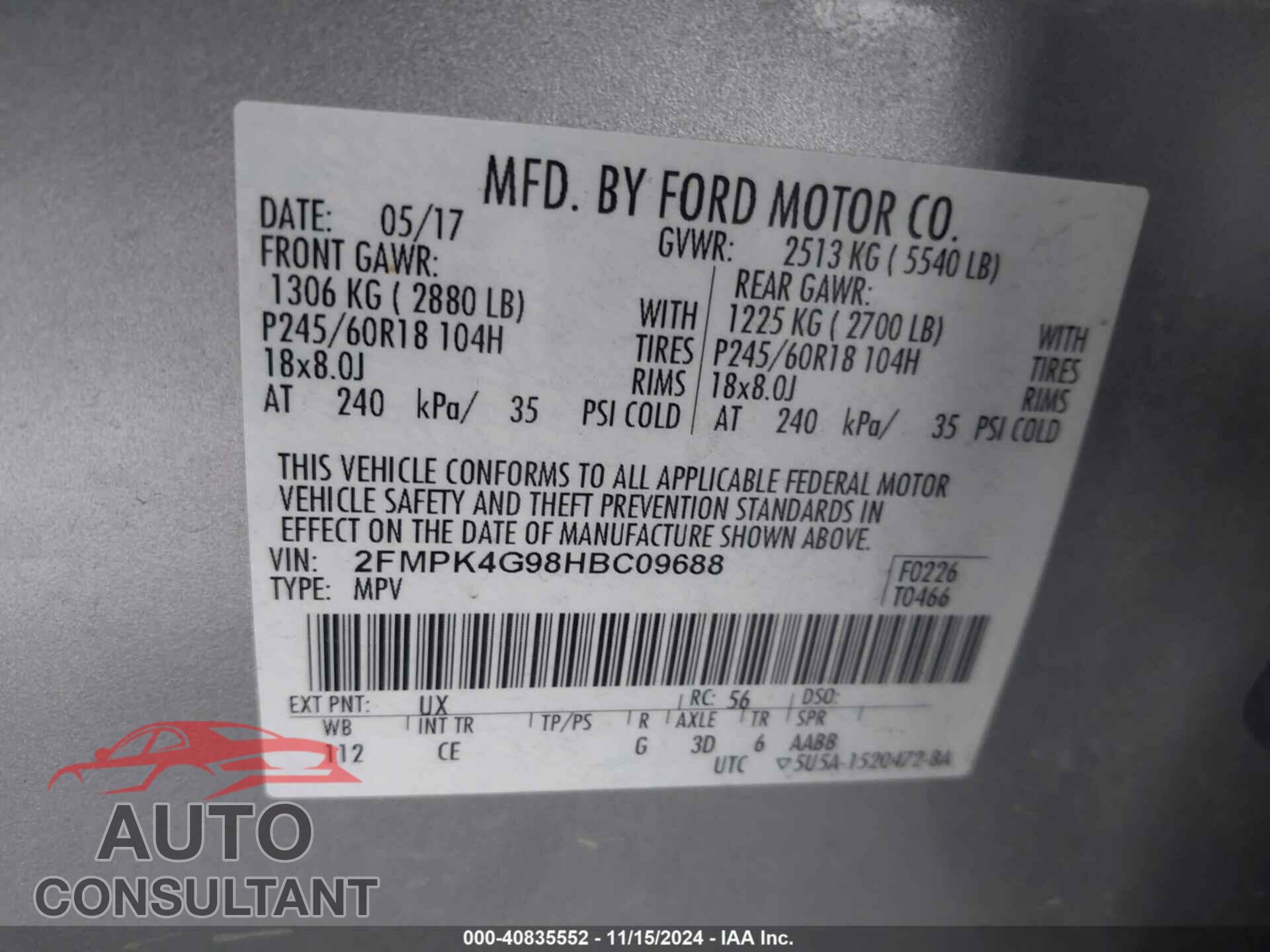 FORD EDGE 2017 - 2FMPK4G98HBC09688