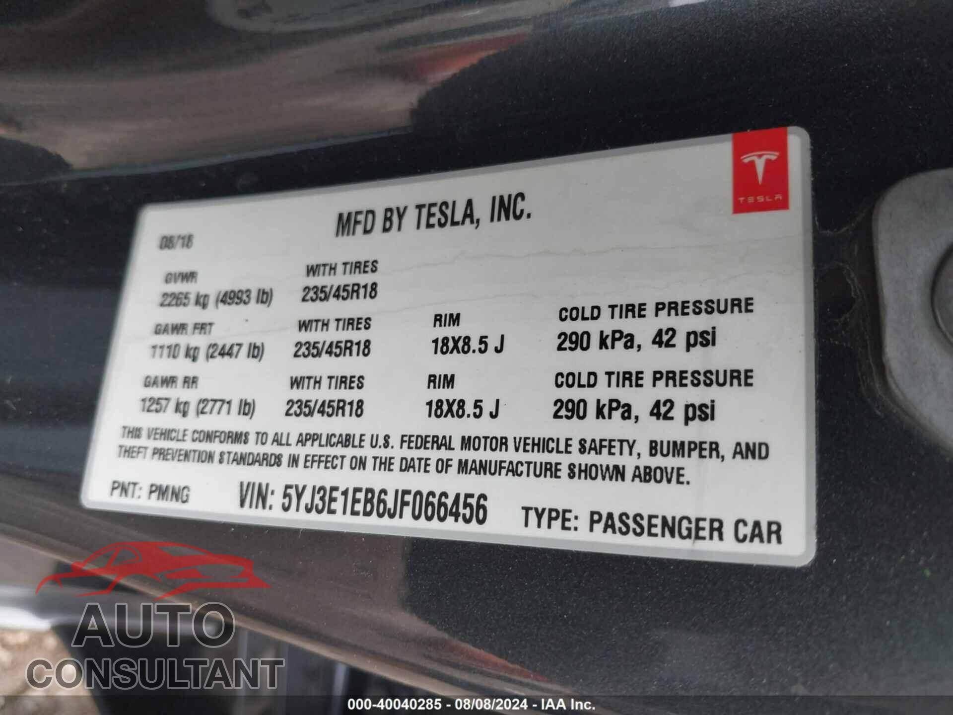 TESLA MODEL 3 2018 - 5YJ3E1EB6JF066456