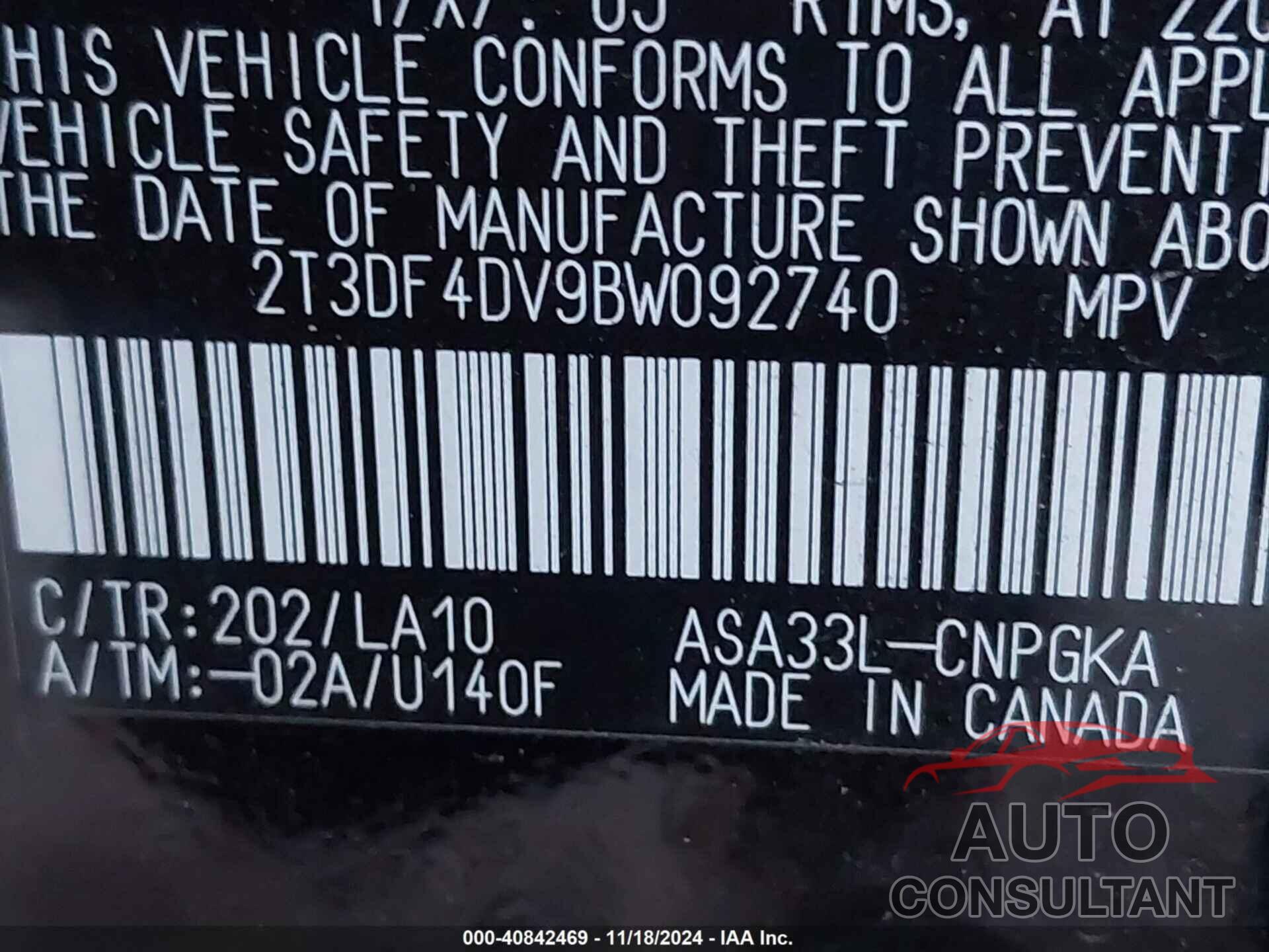 TOYOTA RAV4 2011 - 2T3DF4DV9BW092740