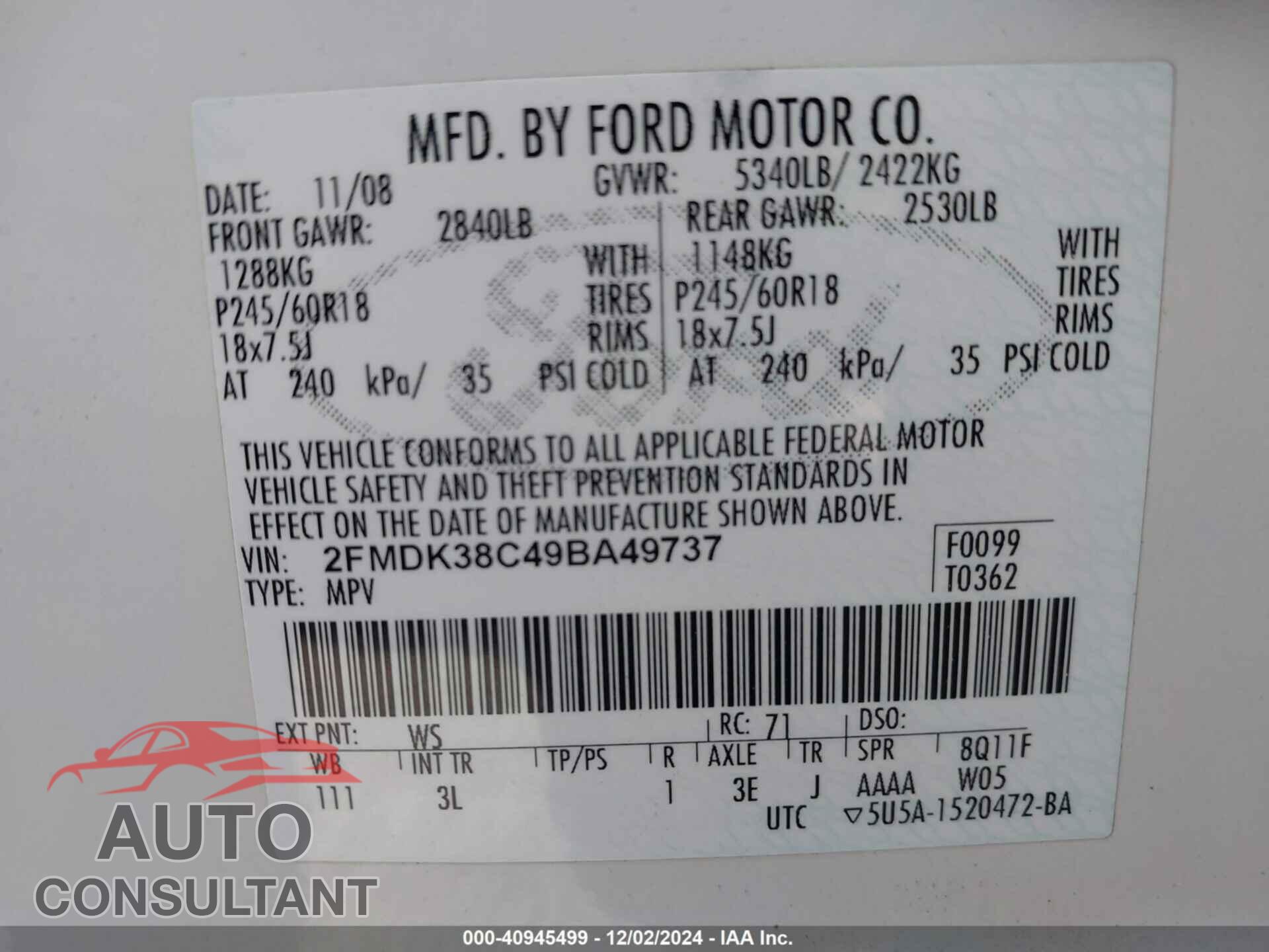 FORD EDGE 2009 - 2FMDK38C49BA49737
