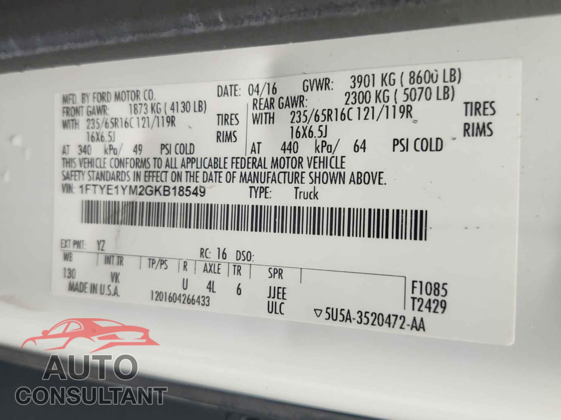 FORD TRANSIT 2016 - 1FTYE1YM2GKB18549