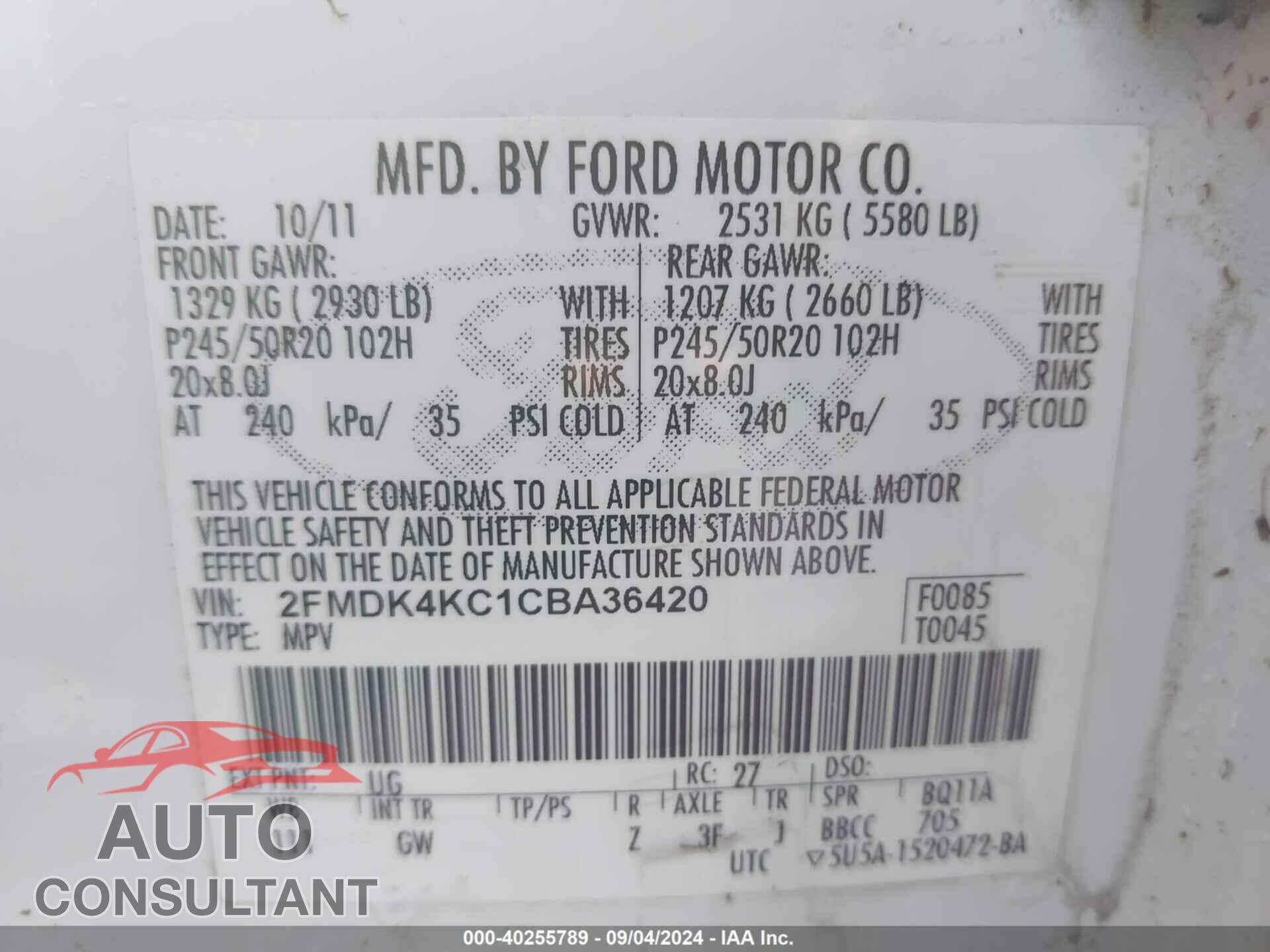 FORD EDGE 2012 - 2FMDK4KC1CBA36420