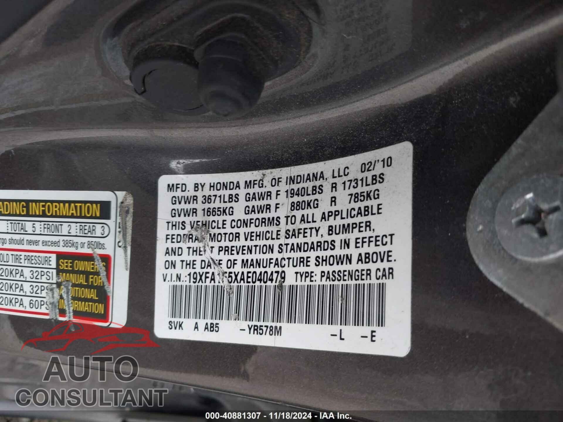 HONDA CIVIC 2010 - 19XFA1F5XAE040479