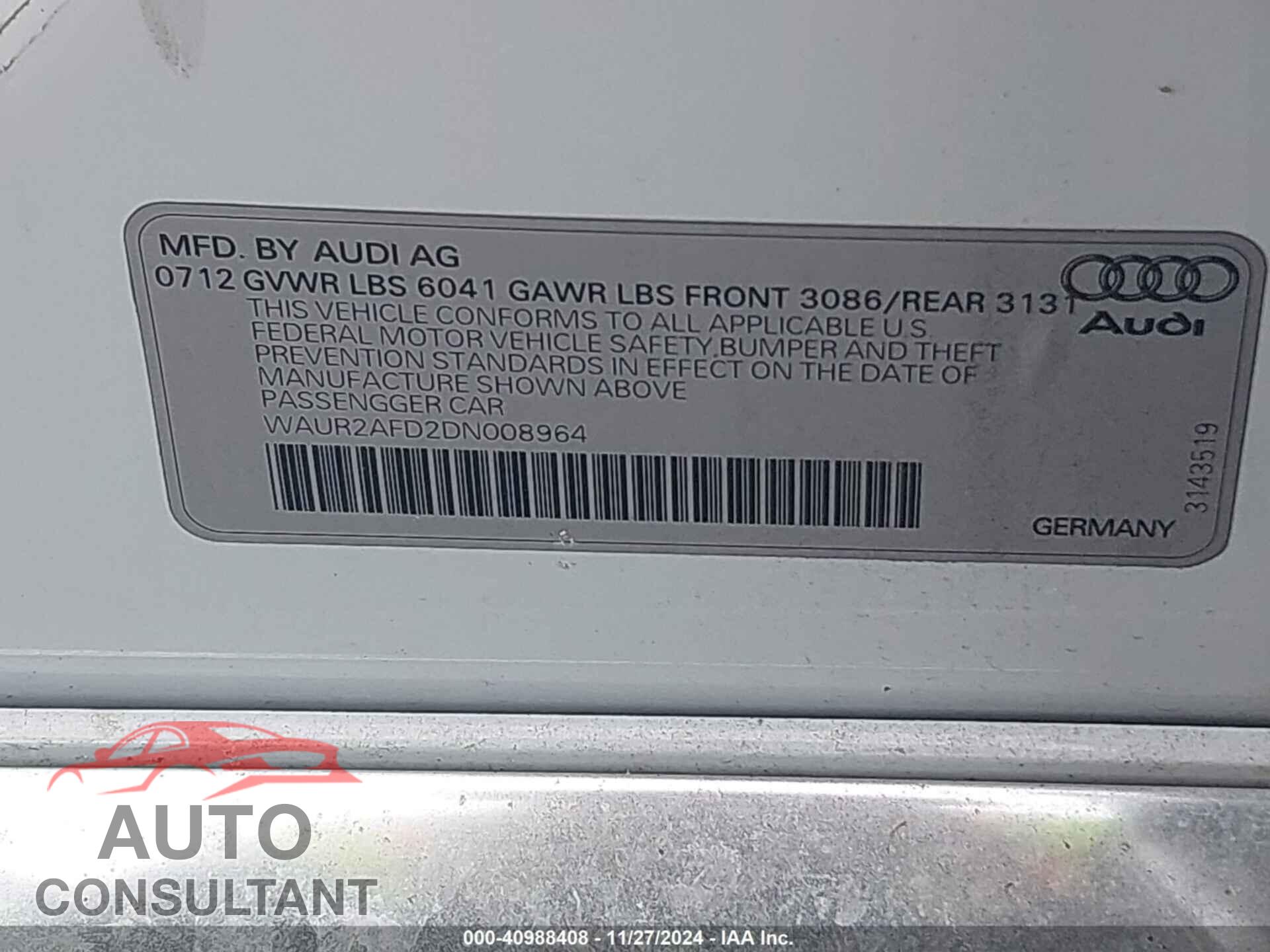 AUDI A8 L 2013 - WAUR2AFD2DN008964