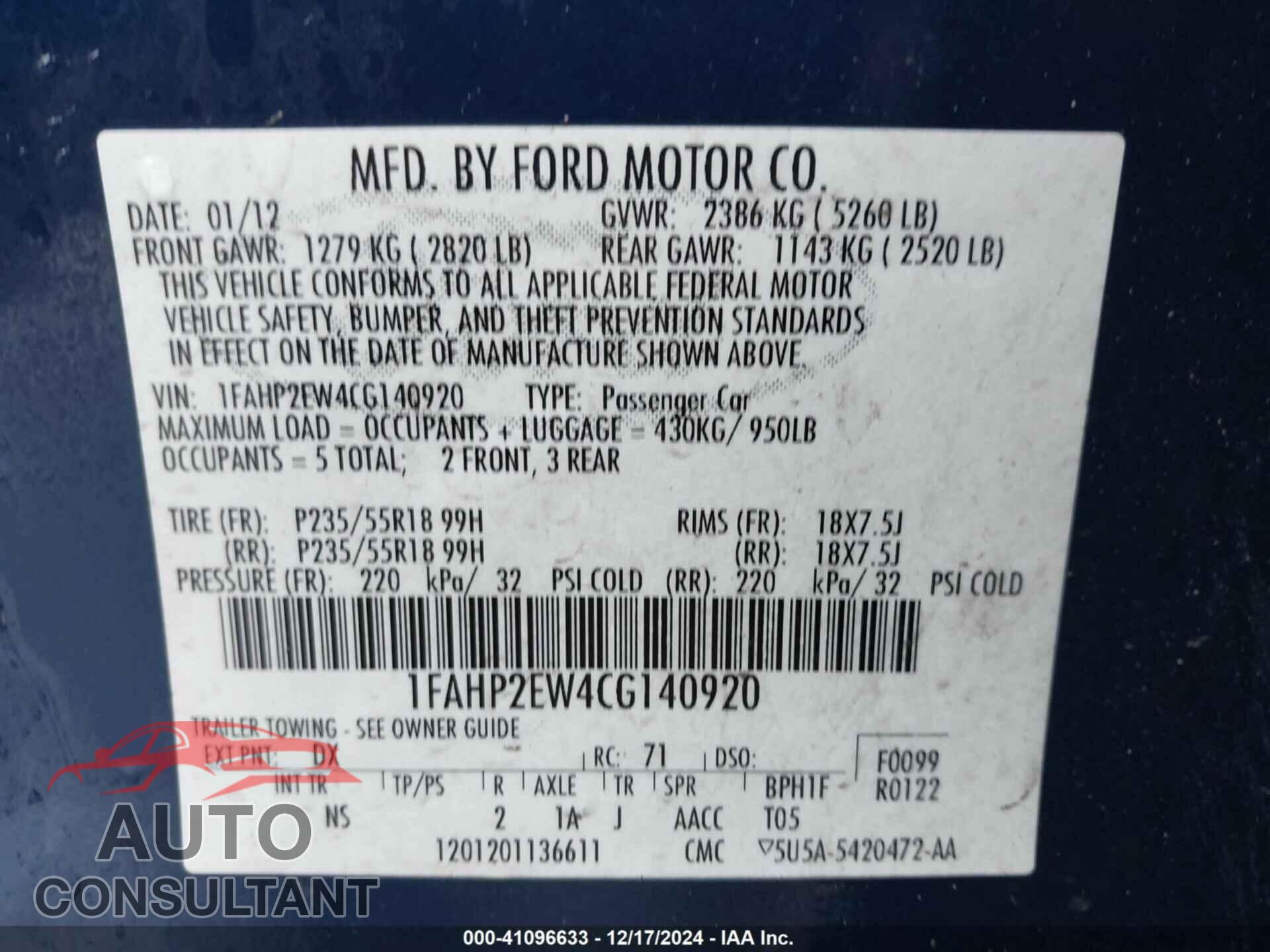 FORD TAURUS 2012 - 1FAHP2EW4CG140920