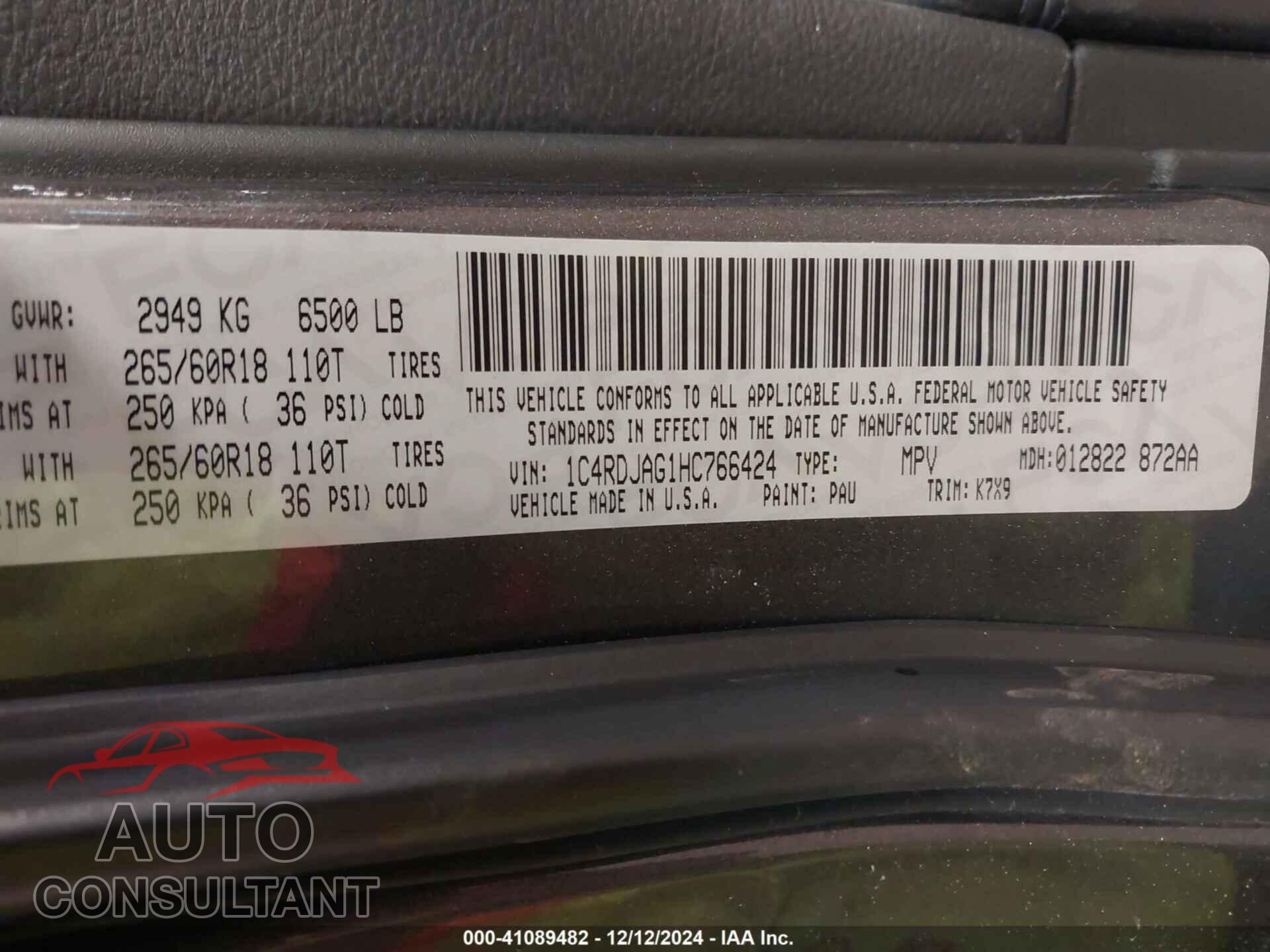 DODGE DURANGO 2017 - 1C4RDJAG1HC766424