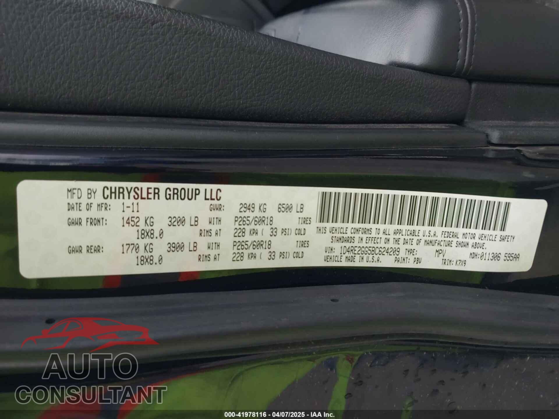 DODGE DURANGO 2011 - 1D4RE2GG5BC624209