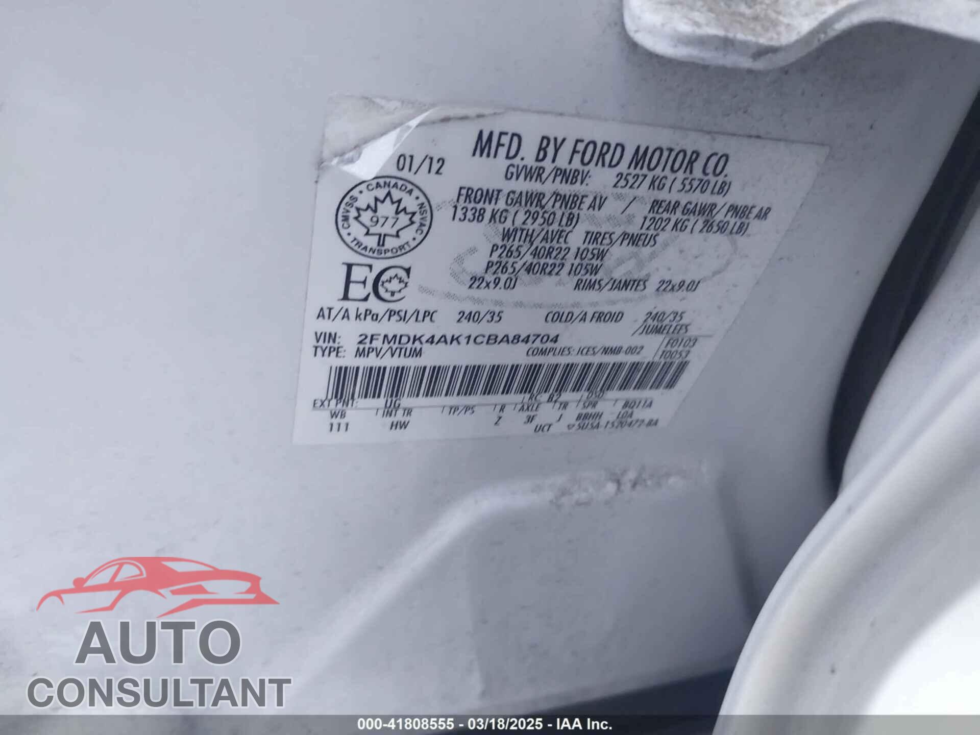 FORD EDGE 2012 - 2FMDK4AK1CBA84704