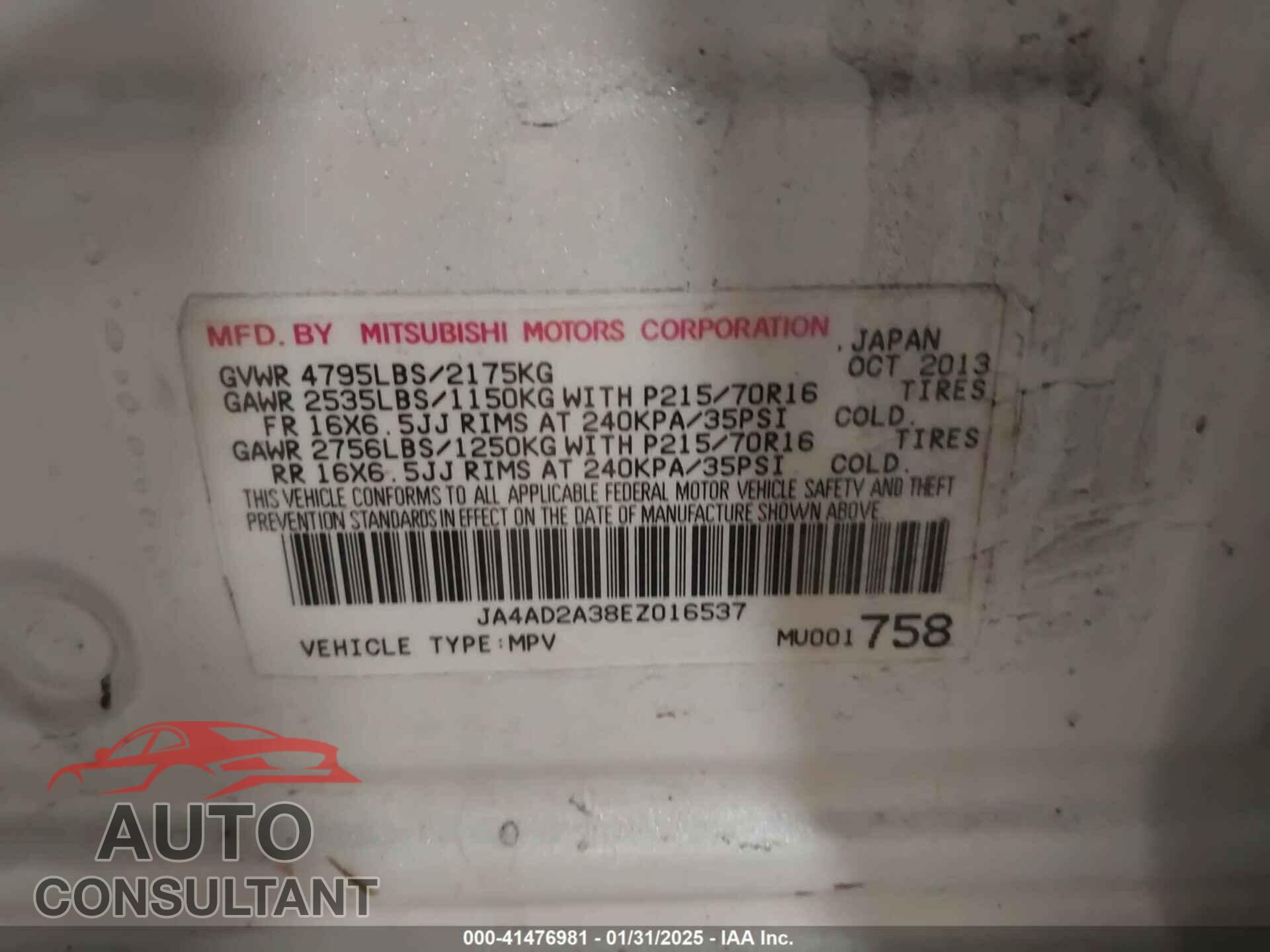 MITSUBISHI OUTLANDER 2014 - JA4AD2A38EZ016537