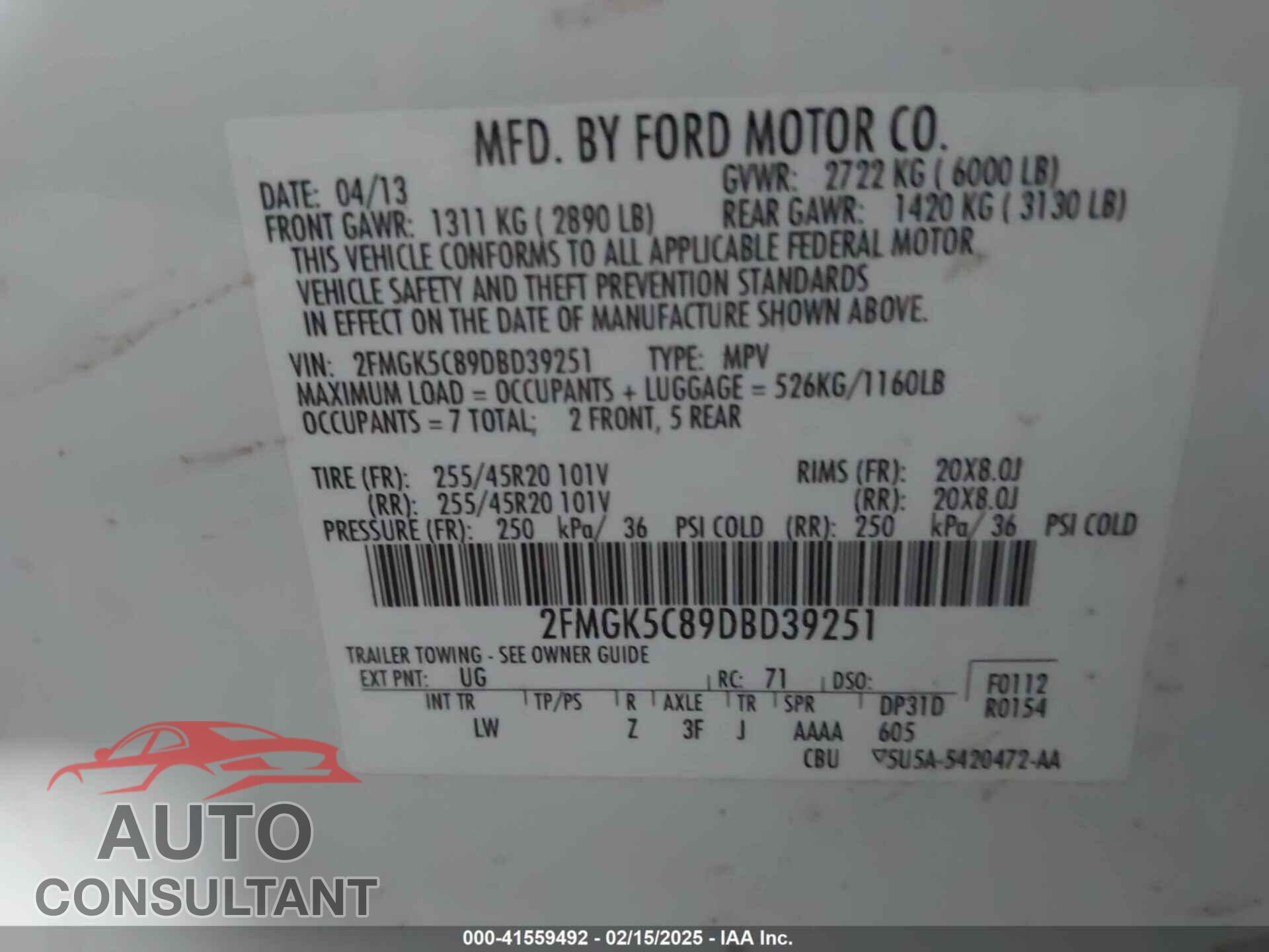 FORD FLEX 2013 - 2FMGK5C89DBD39251