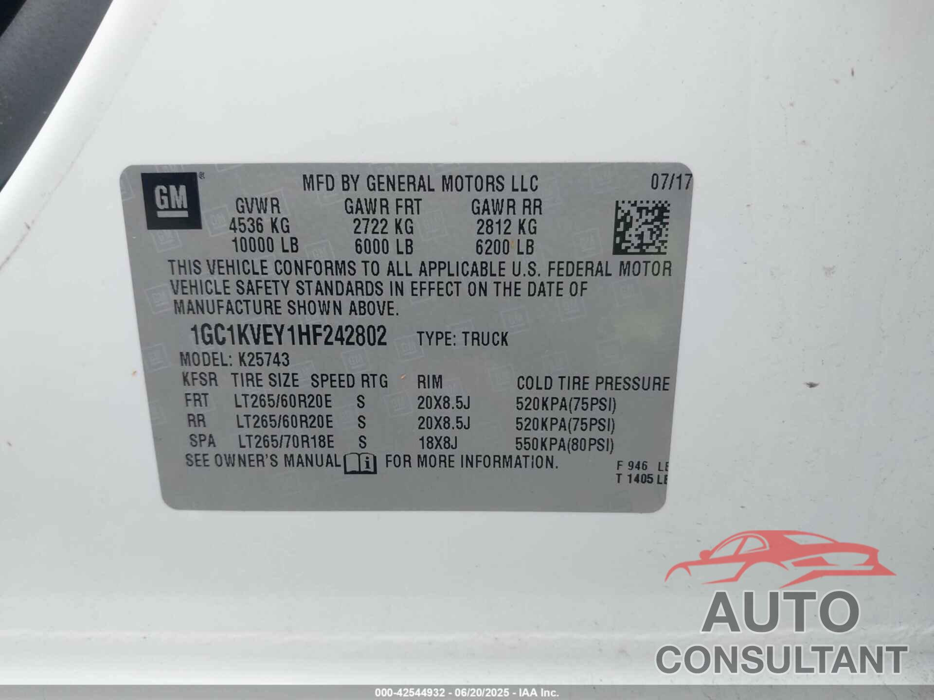 CHEVROLET SILVERADO 2500HD 2017 - 1GC1KVEY1HF242802