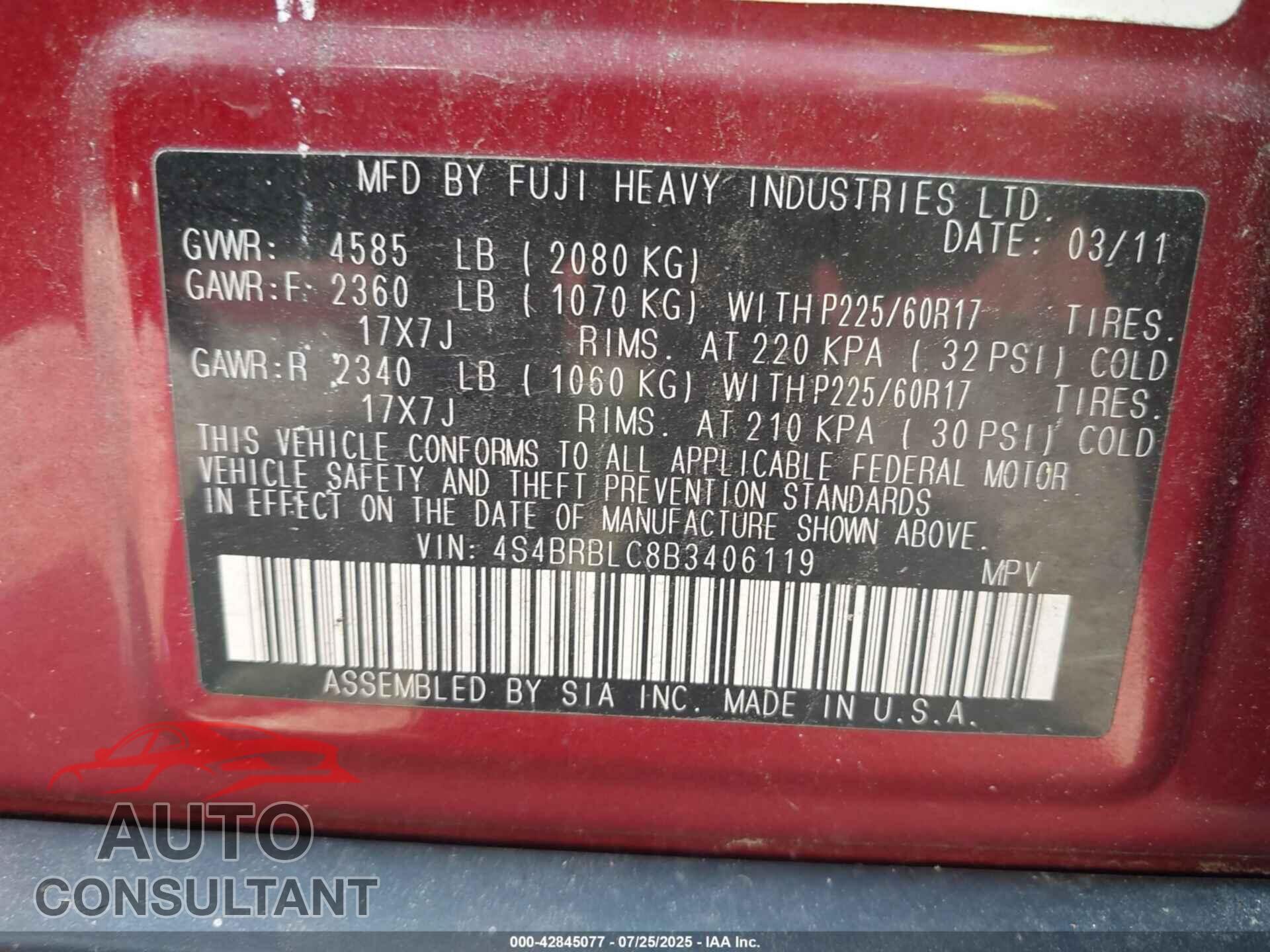 SUBARU OUTBACK 2011 - 4S4BRBLC8B3406119