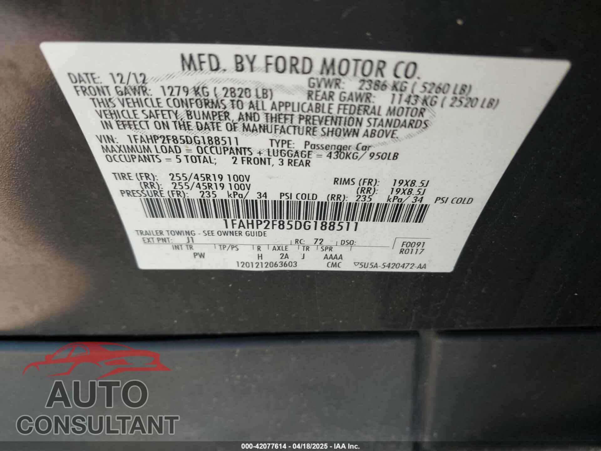 FORD TAURUS 2013 - 1FAHP2F85DG188511