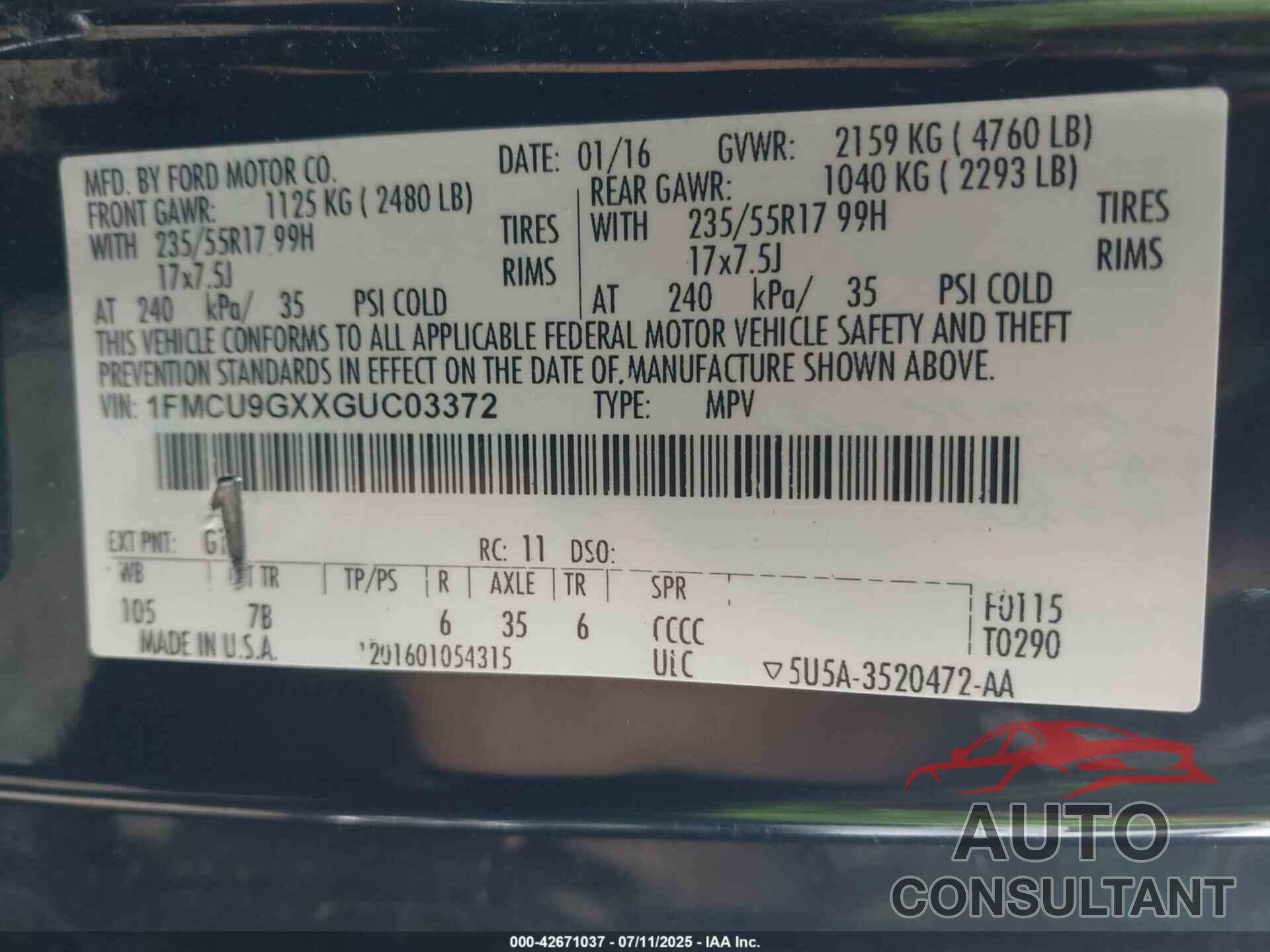 FORD ESCAPE 2016 - 1FMCU9GXXGUC03372