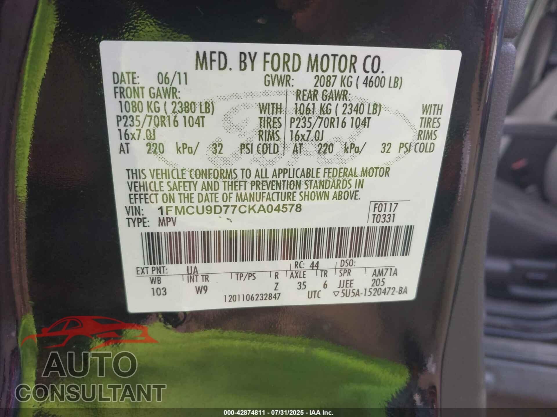 FORD ESCAPE 2012 - 1FMCU9D77CKA04578