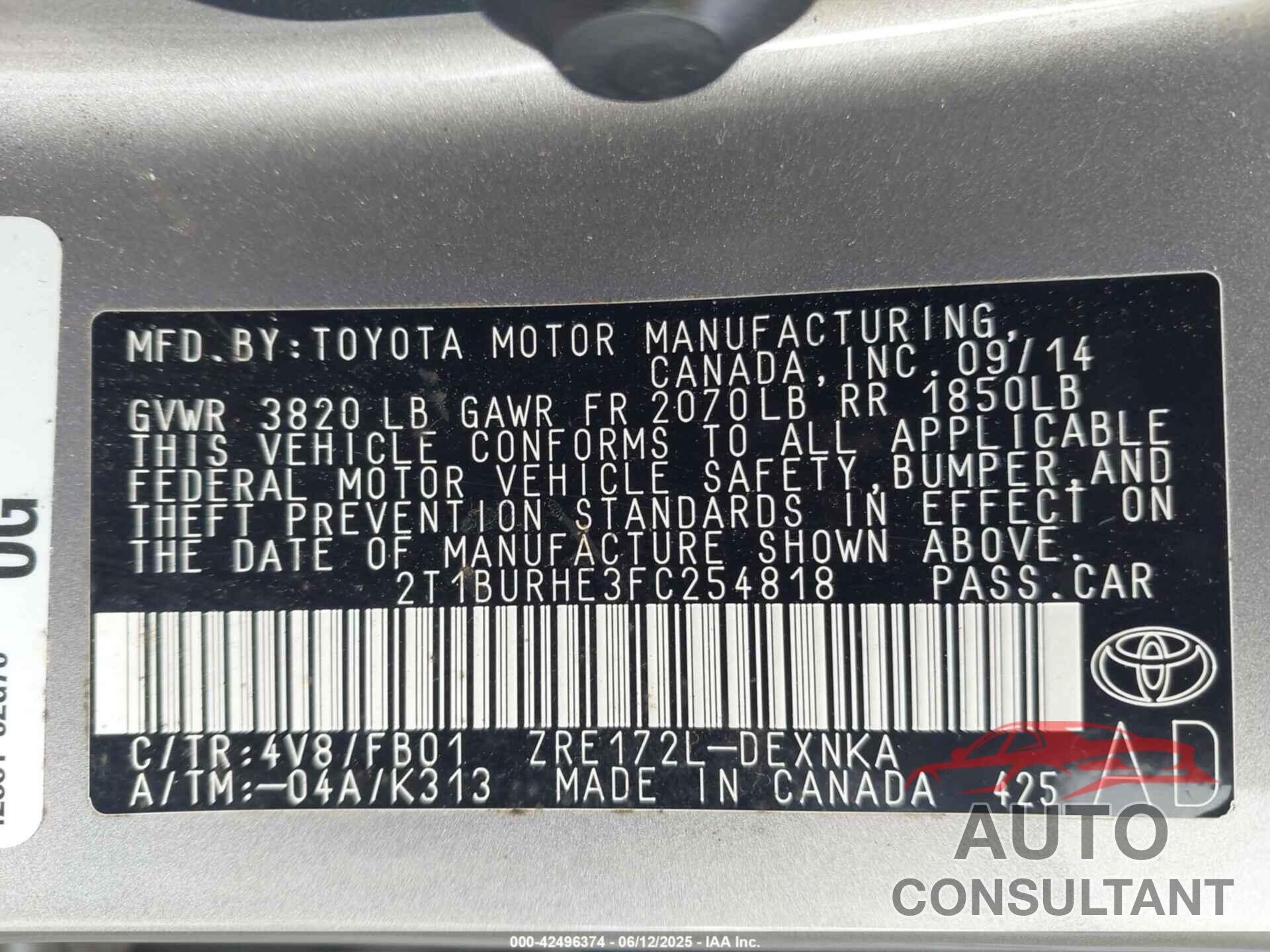 TOYOTA COROLLA 2015 - 2T1BURHE3FC254818
