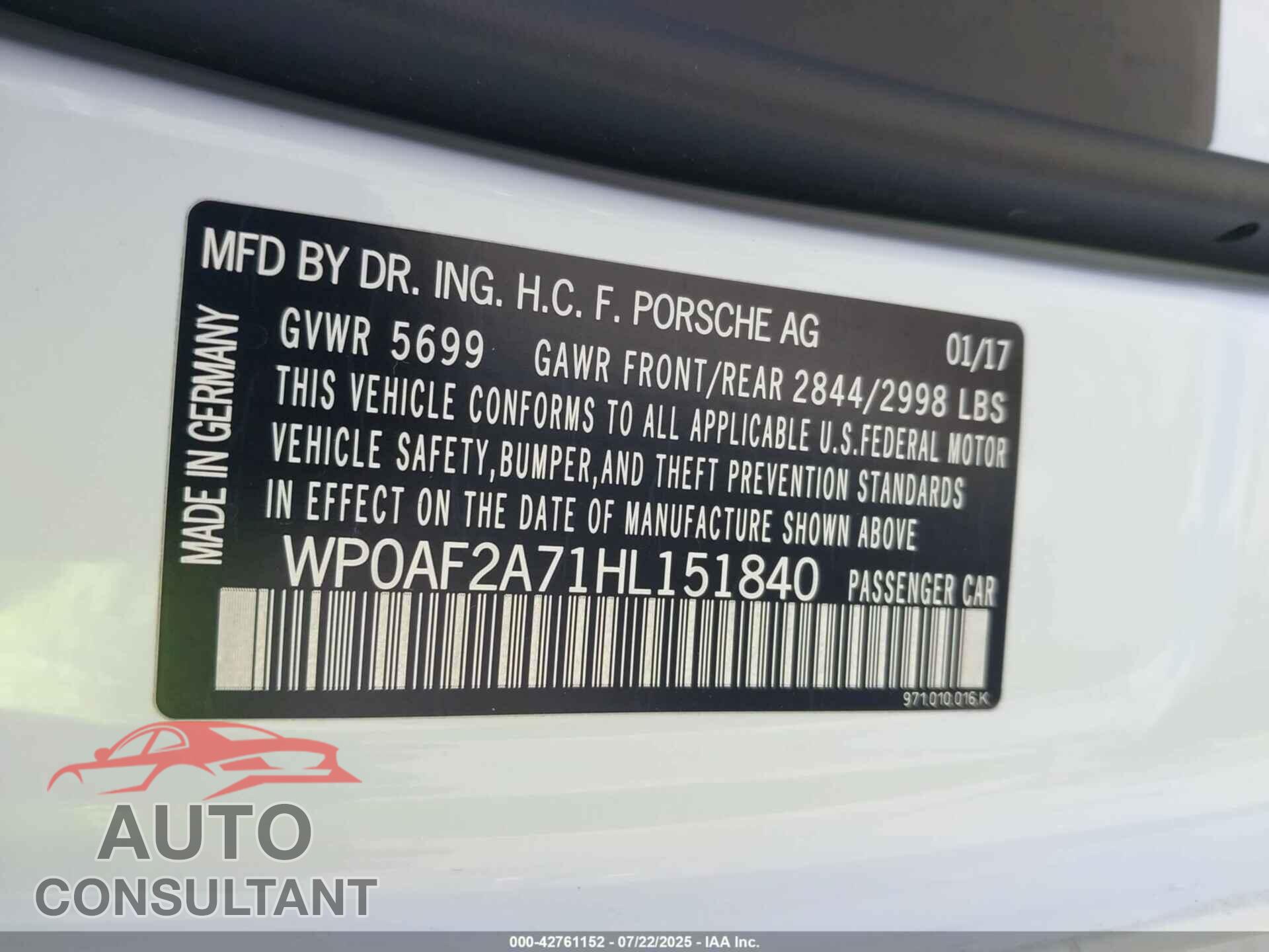 PORSCHE PANAMERA 2017 - WP0AF2A71HL151840