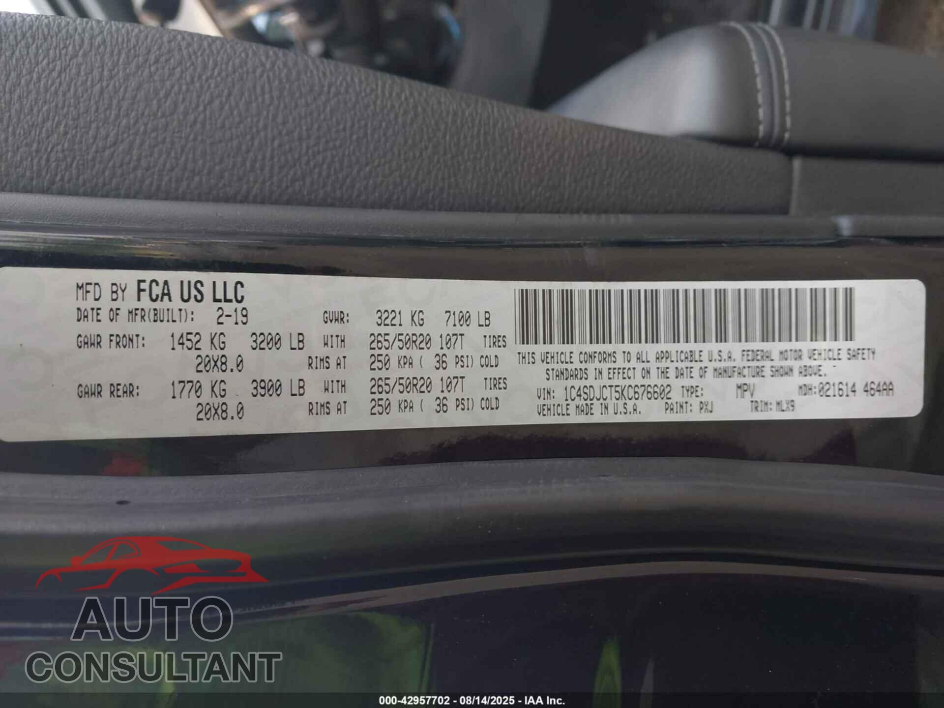 DODGE DURANGO 2019 - 1C4SDJCT5KC676602
