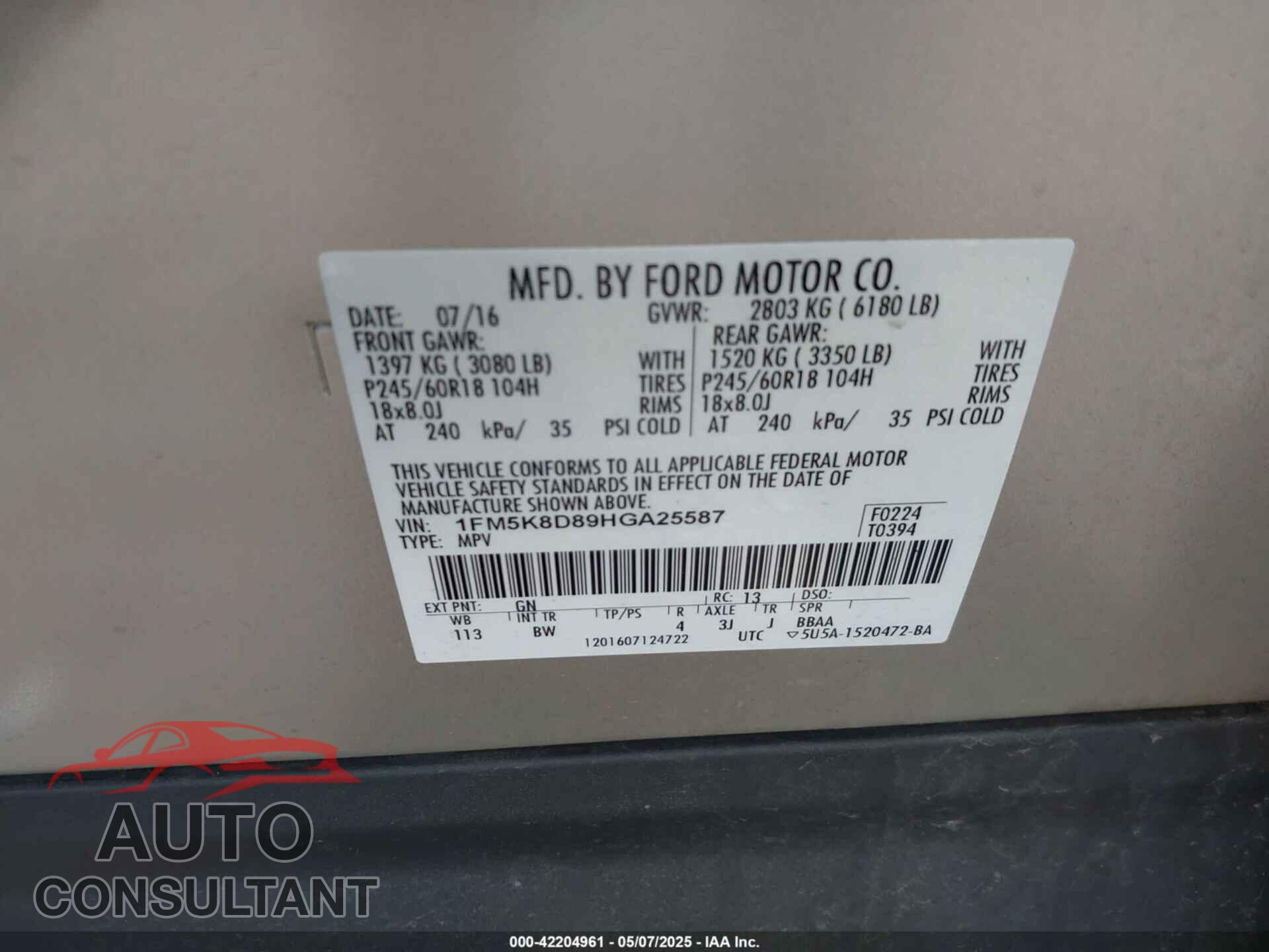 FORD EXPLORER 2017 - 1FM5K8D89HGA25587