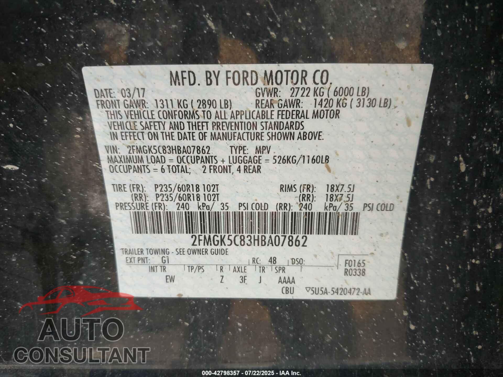 FORD FLEX 2017 - 2FMGK5C83HBA07862