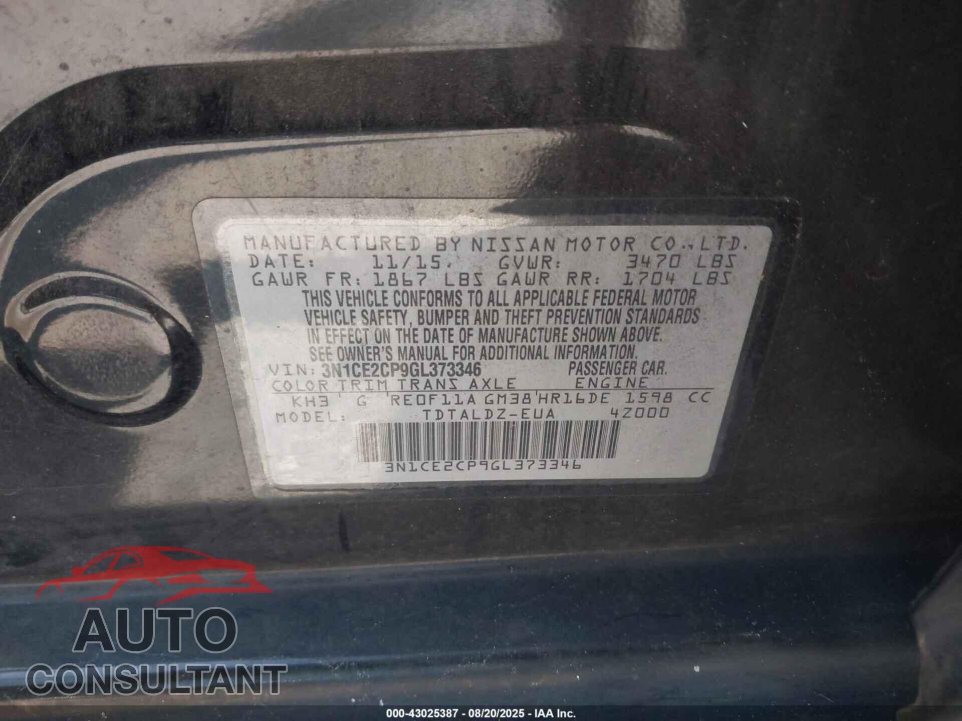 NISSAN VERSA NOTE 2016 - 3N1CE2CP9GL373346