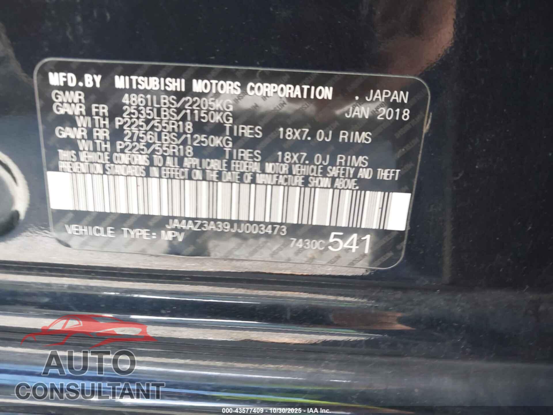 MITSUBISHI OUTLANDER 2018 - JA4AZ3A39JJ003473