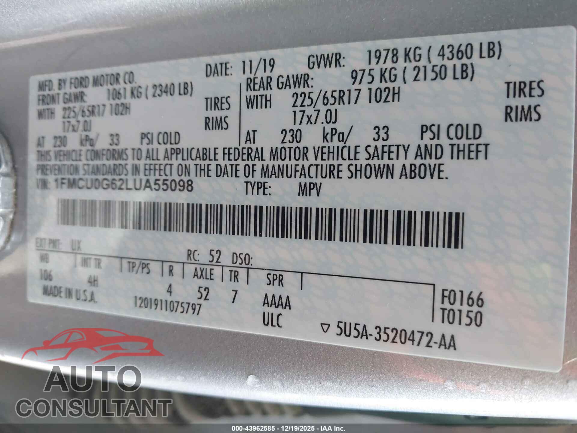 FORD ESCAPE 2020 - 1FMCU0G62LUA55098