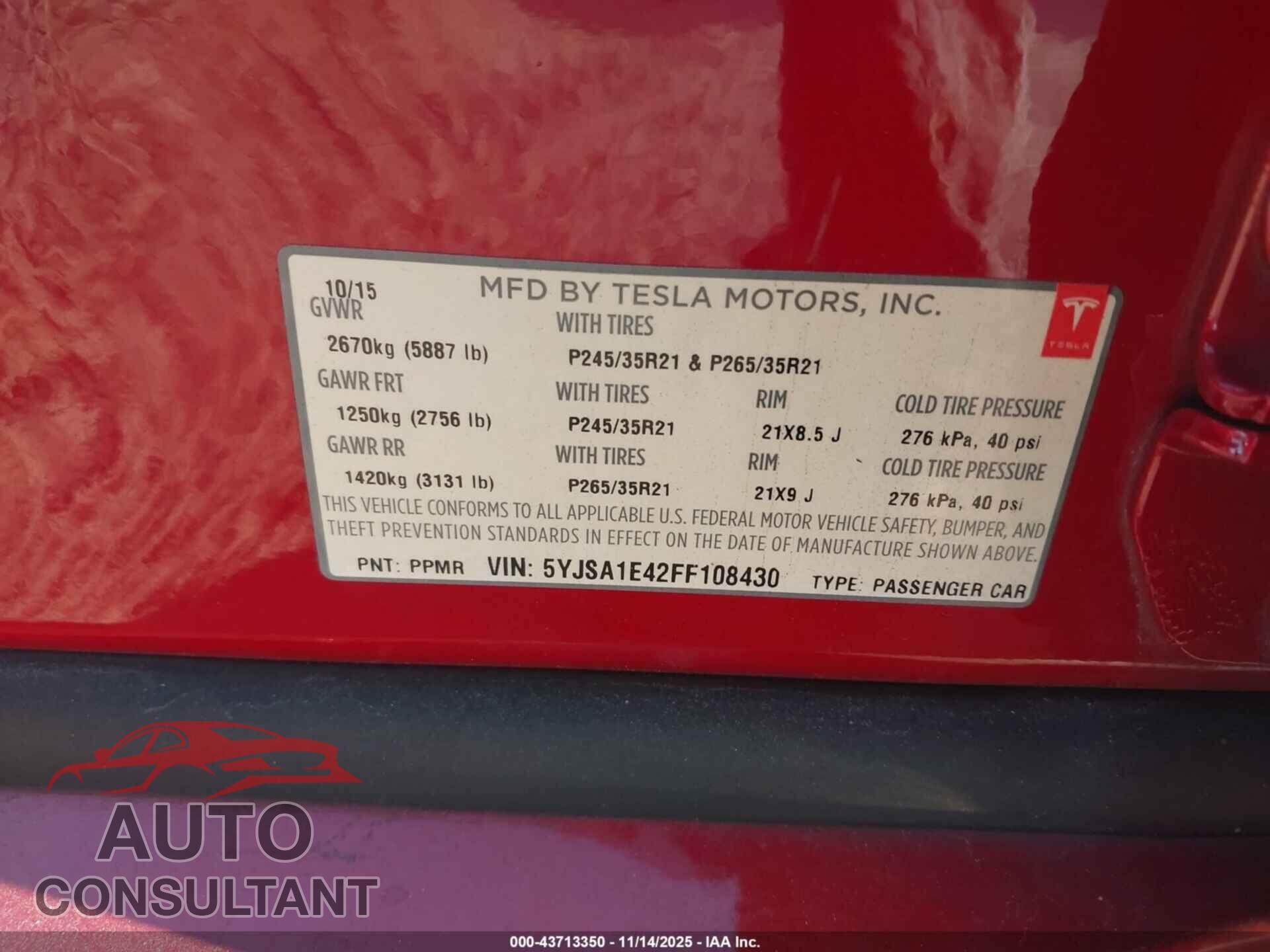 TESLA MODEL S 2015 - 5YJSA1E42FF108430