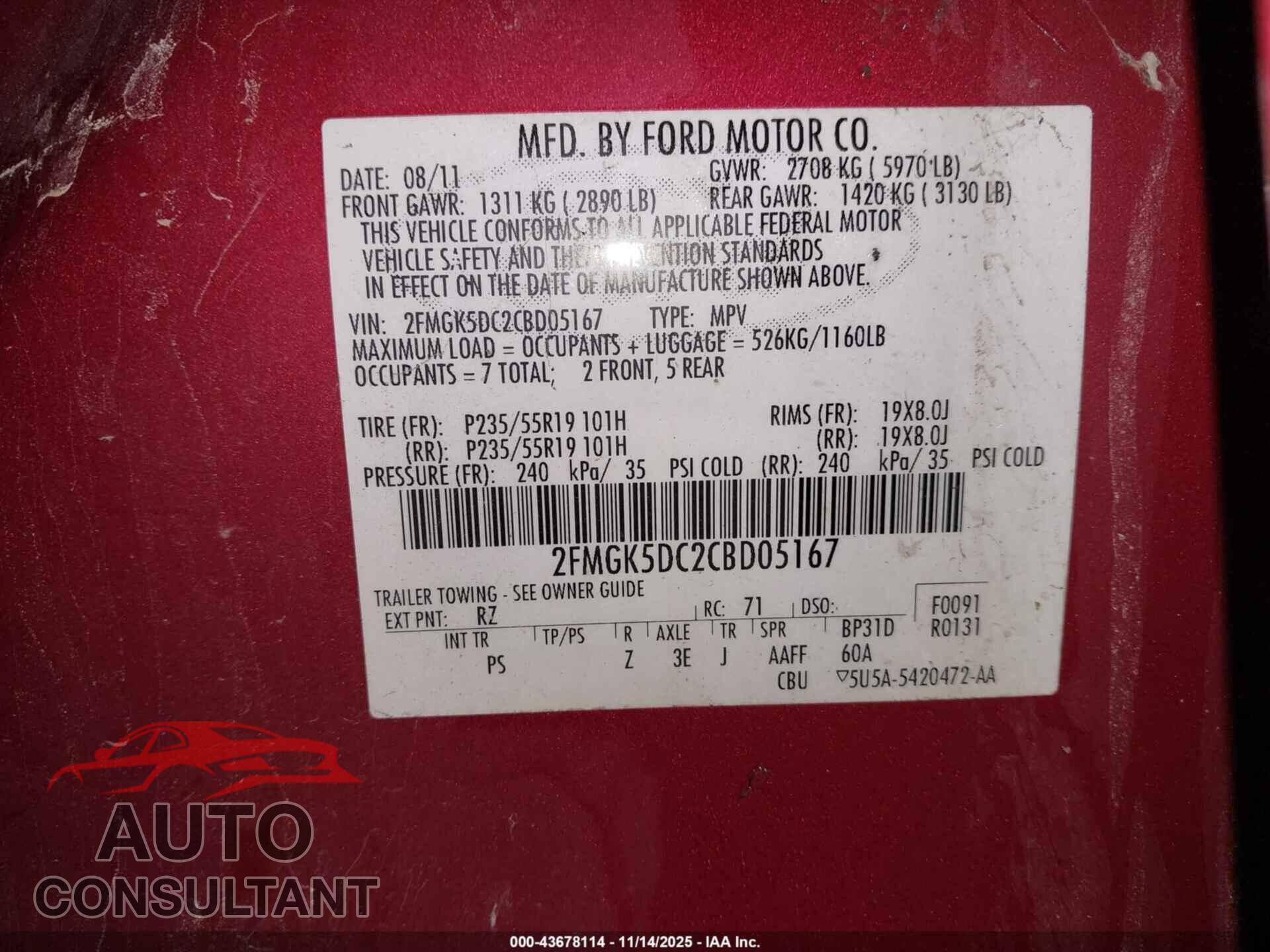 FORD FLEX 2012 - 2FMGK5DC2CBD05167