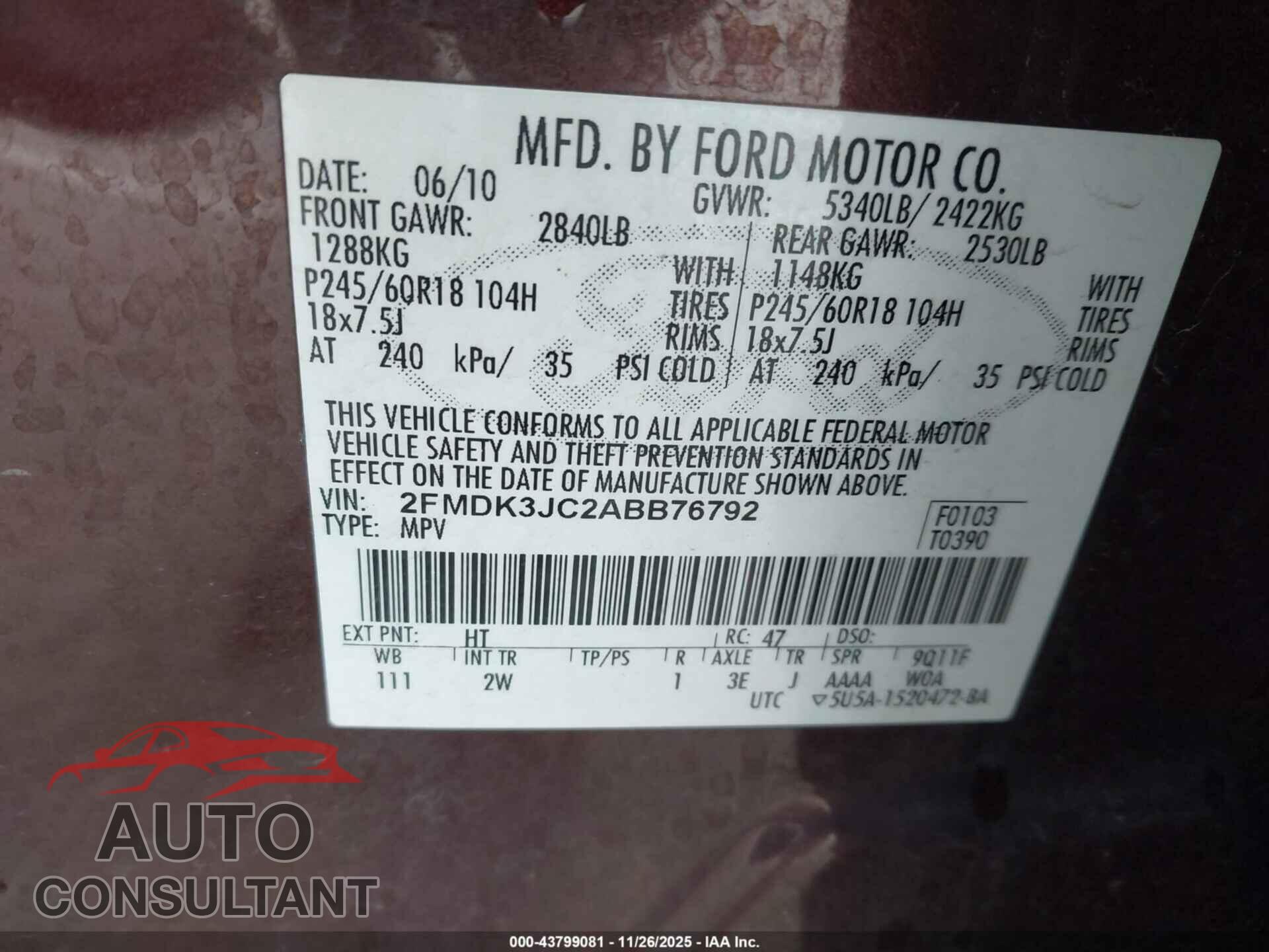 FORD EDGE 2010 - 2FMDK3JC2ABB76792
