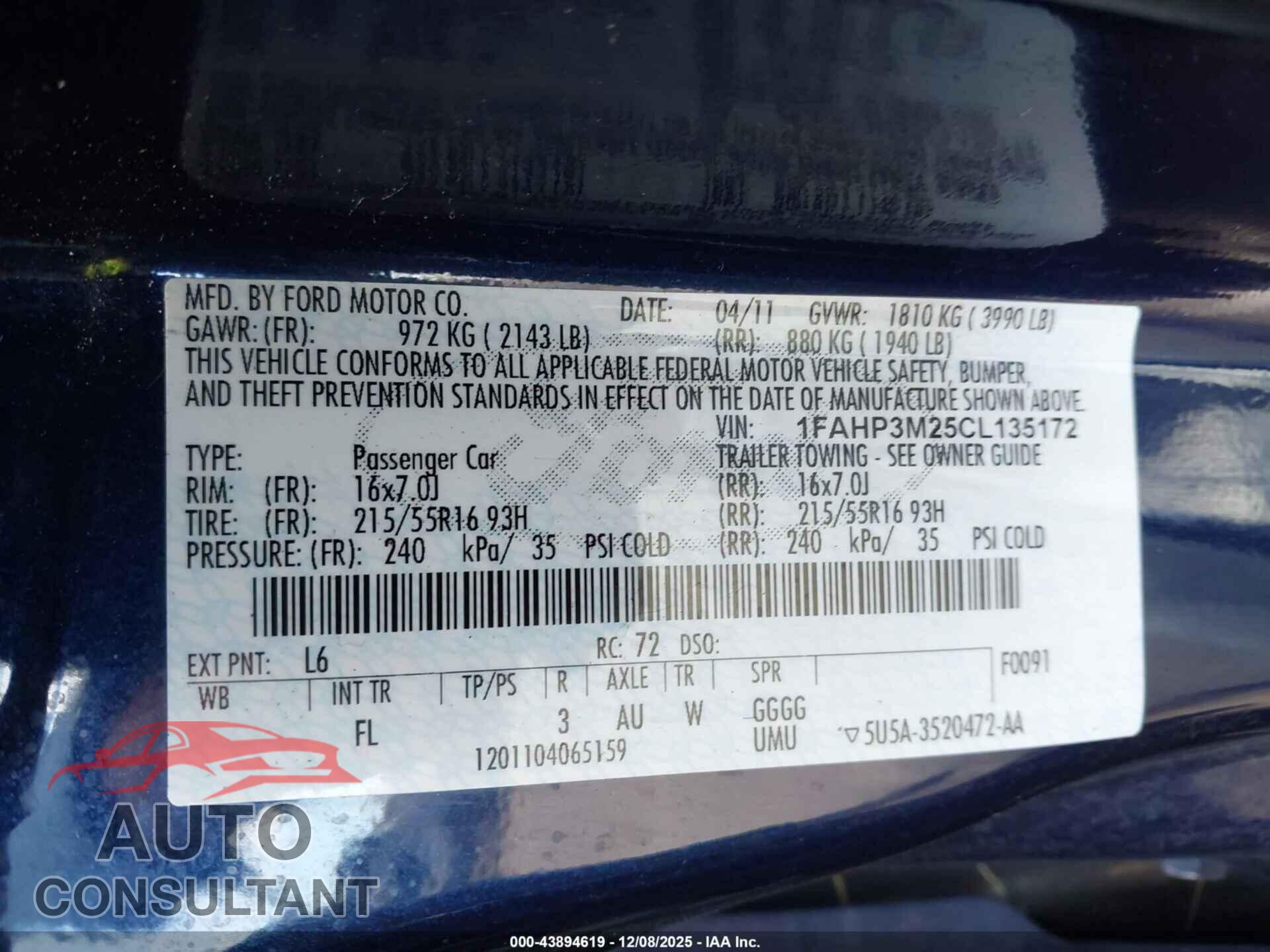 FORD FOCUS 2012 - 1FAHP3M25CL135172